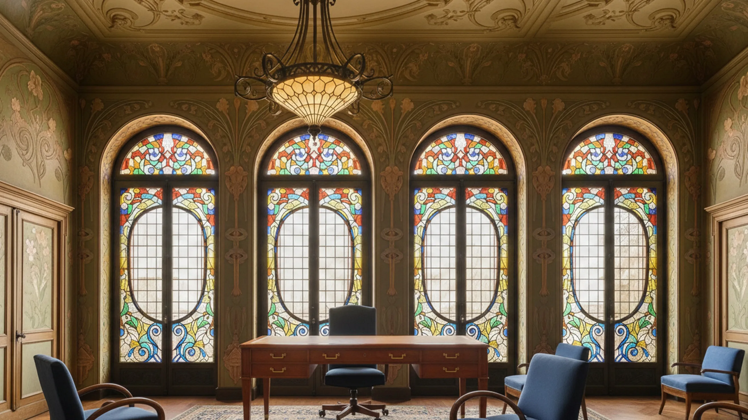 Antique desk with classic design, set in an elegant space with stained glass windows.