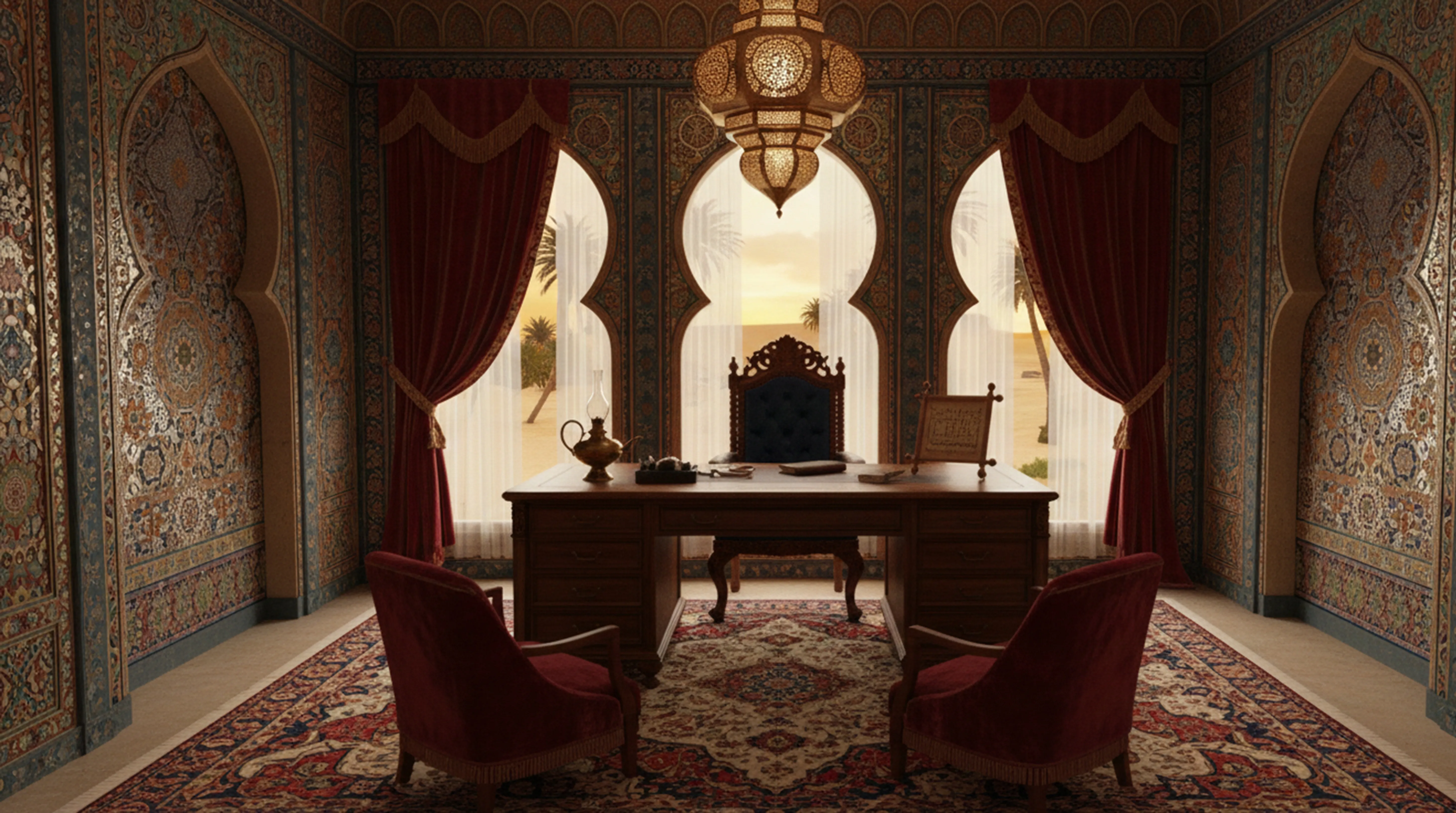 bureau ancien avec chaise, lampe et décoration orientale