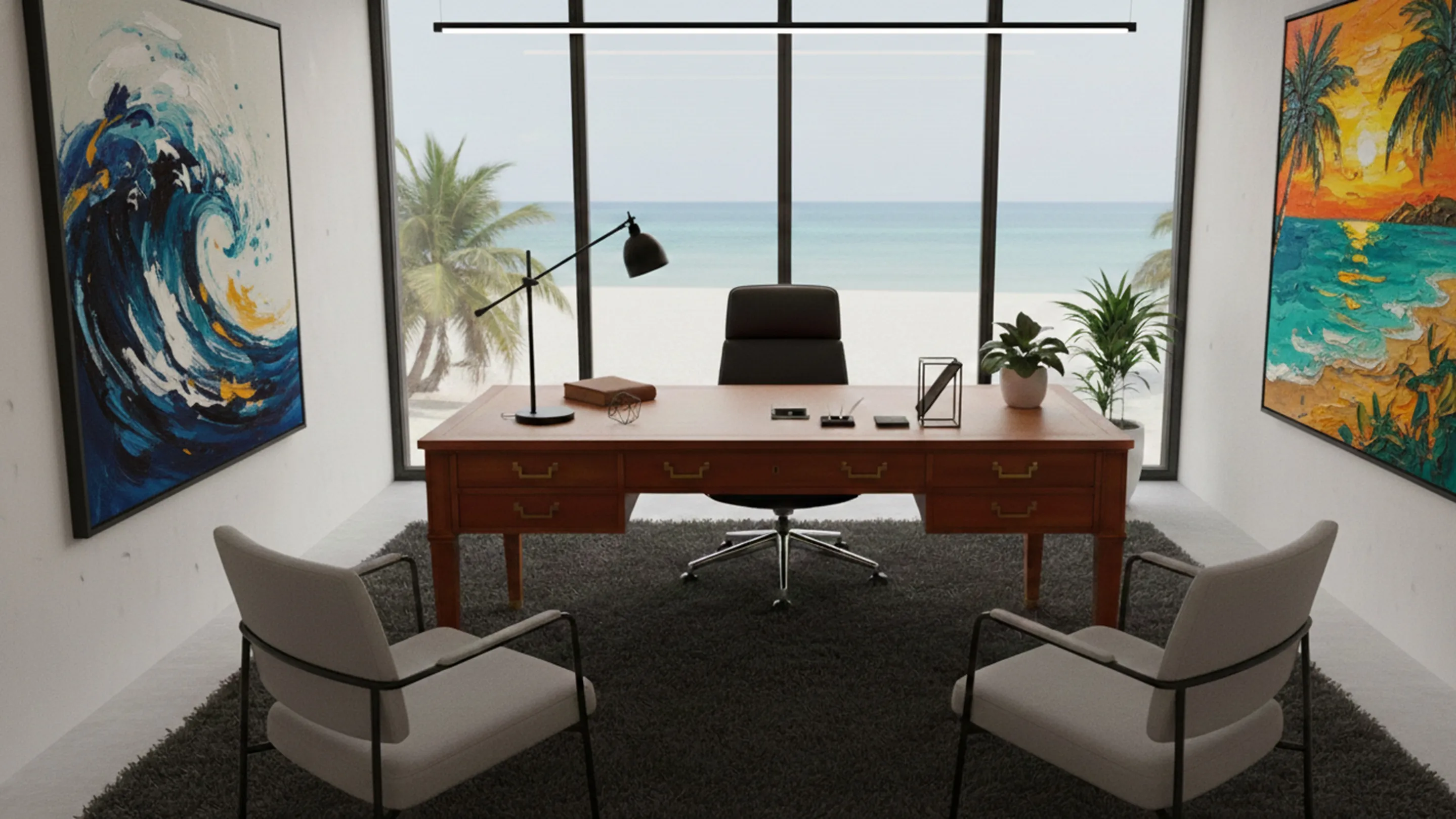 bureau ancien avec vue sur la mer, chaises et plantes