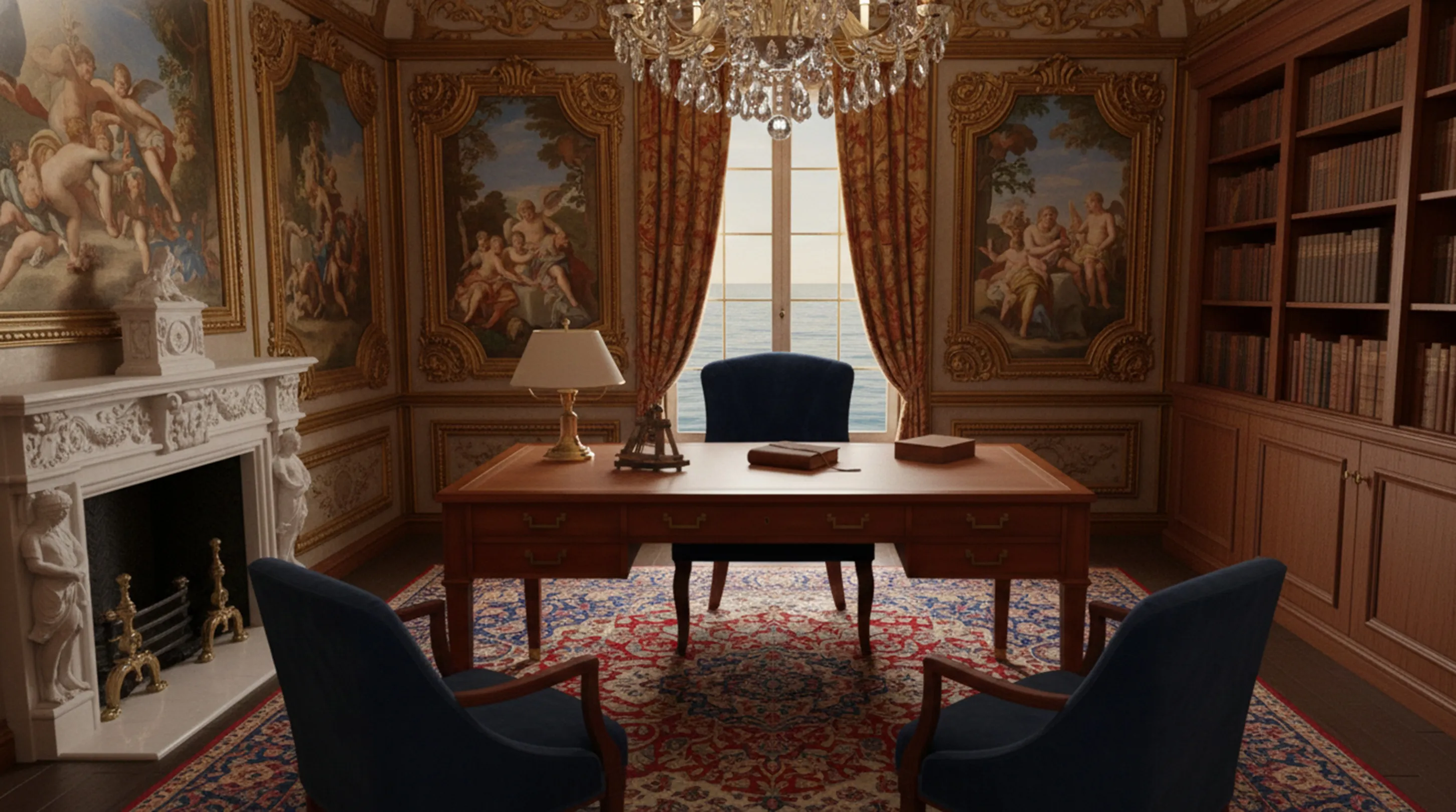 Scrivania antica in una stanza elegante con quadri.