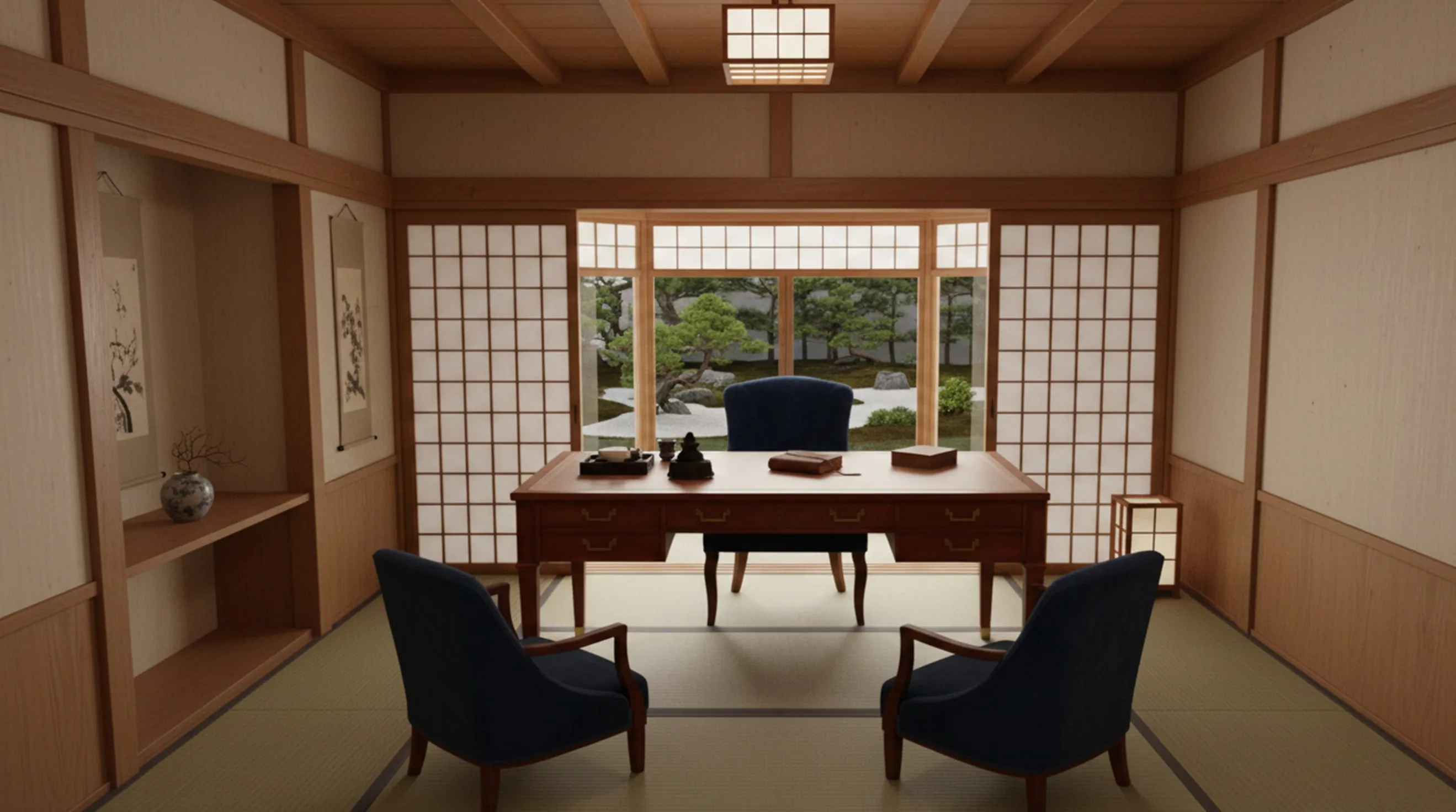 日本のセットでの古いデスクと椅子