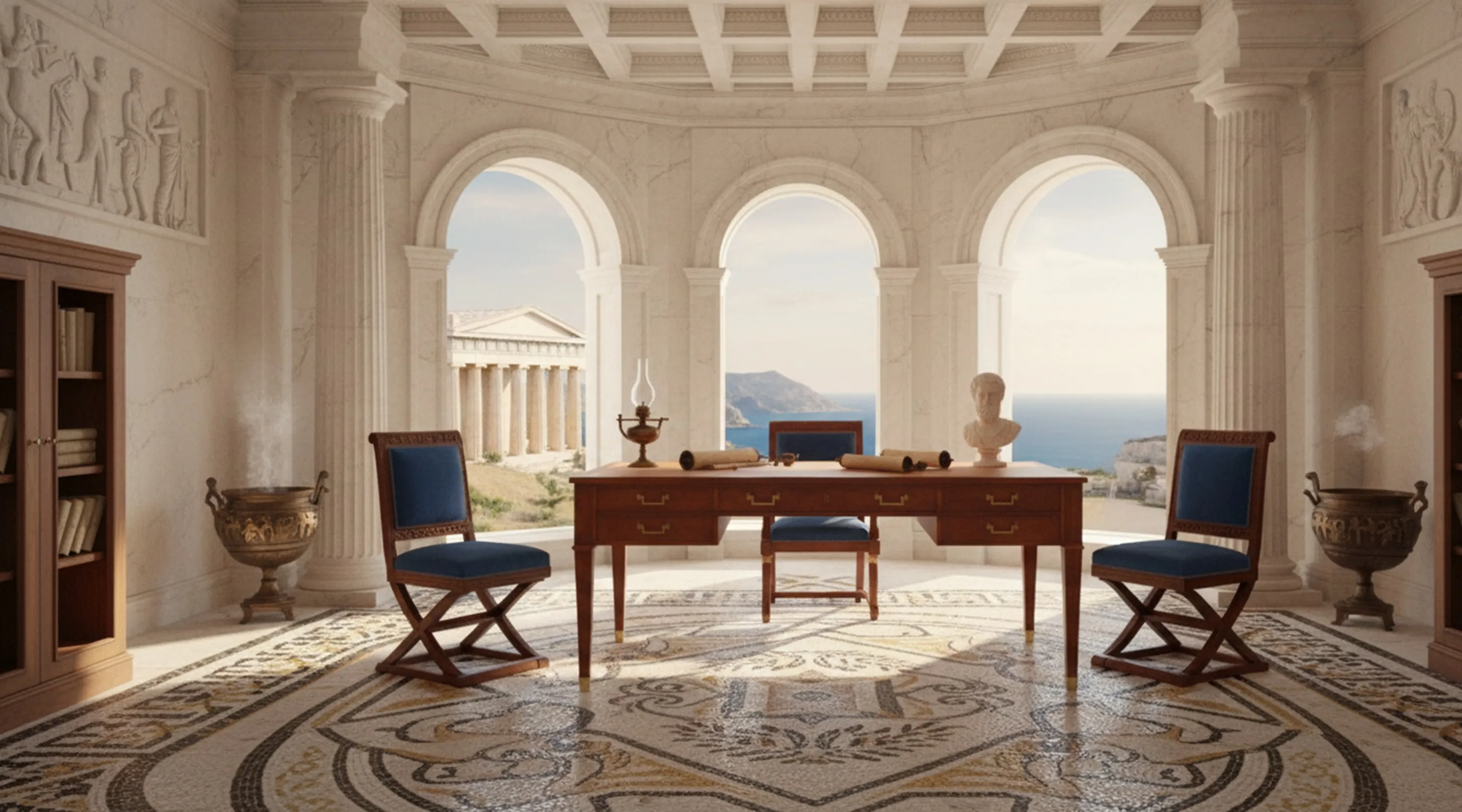 antique desk with details in a classical setting, featuring a chair and window