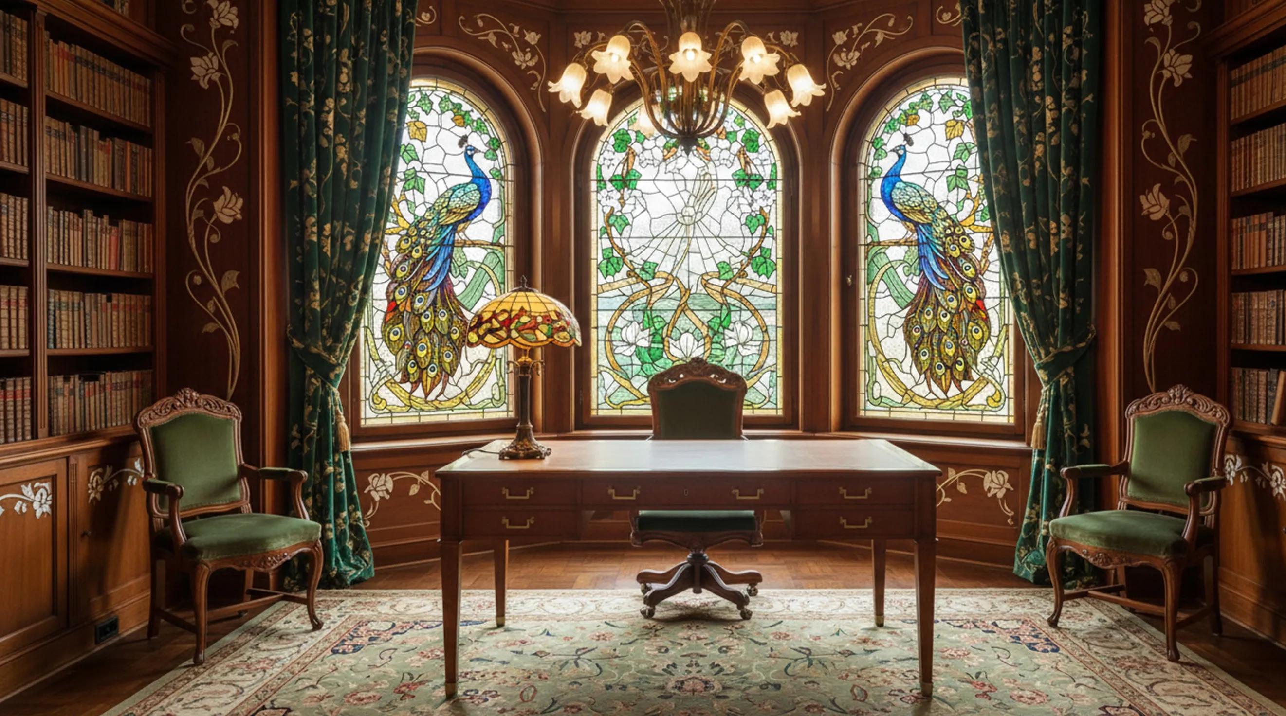 antique desk with a lamp and colorful stained glass windows