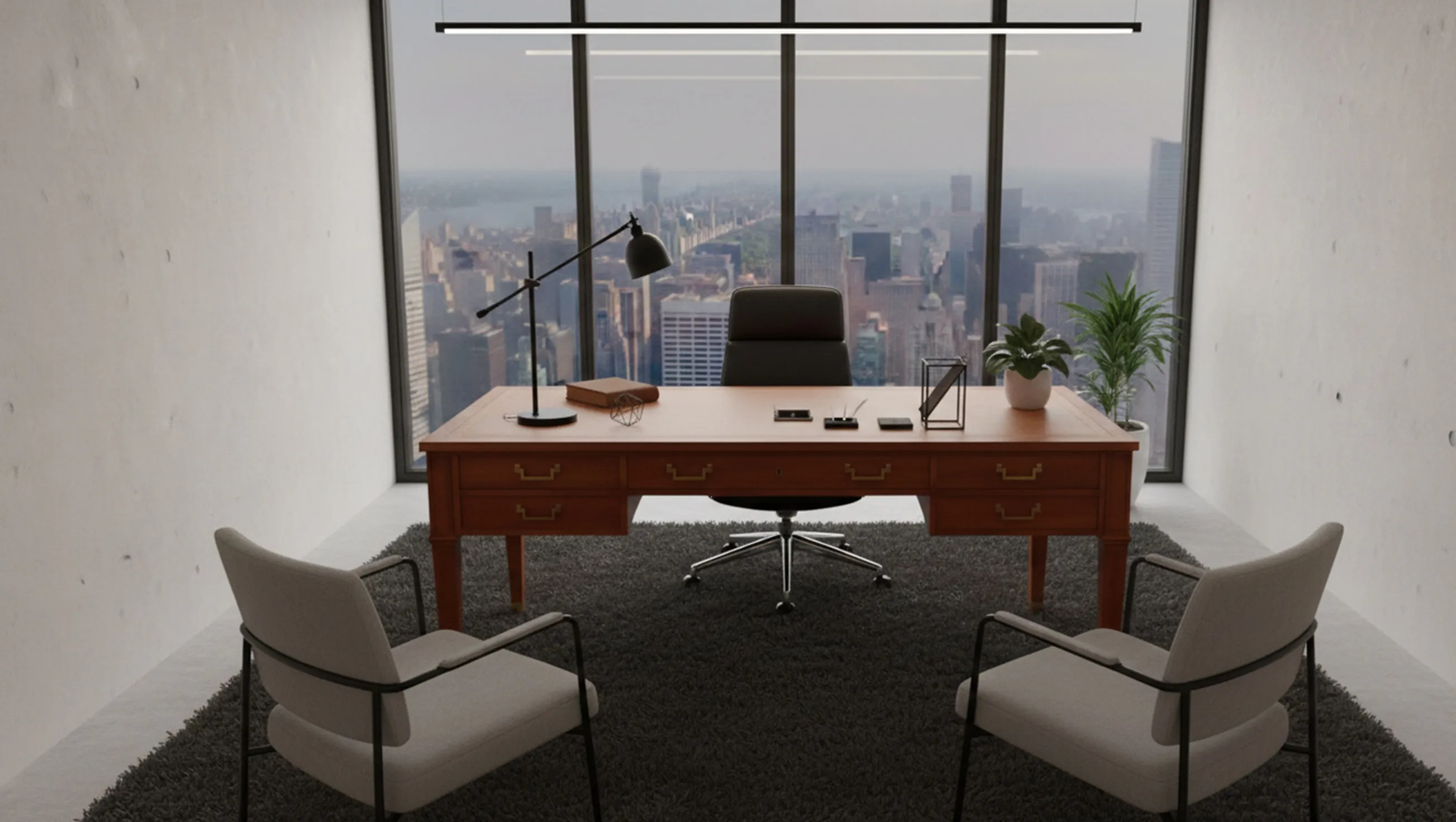 Antique desk with simple decorations and urban views.