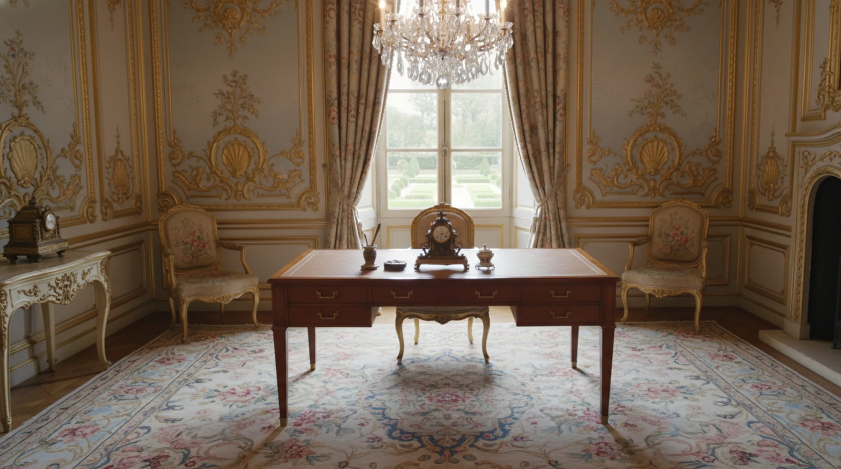 Mesa antiga de madeira com decoração clássica, relógio e cadeiras