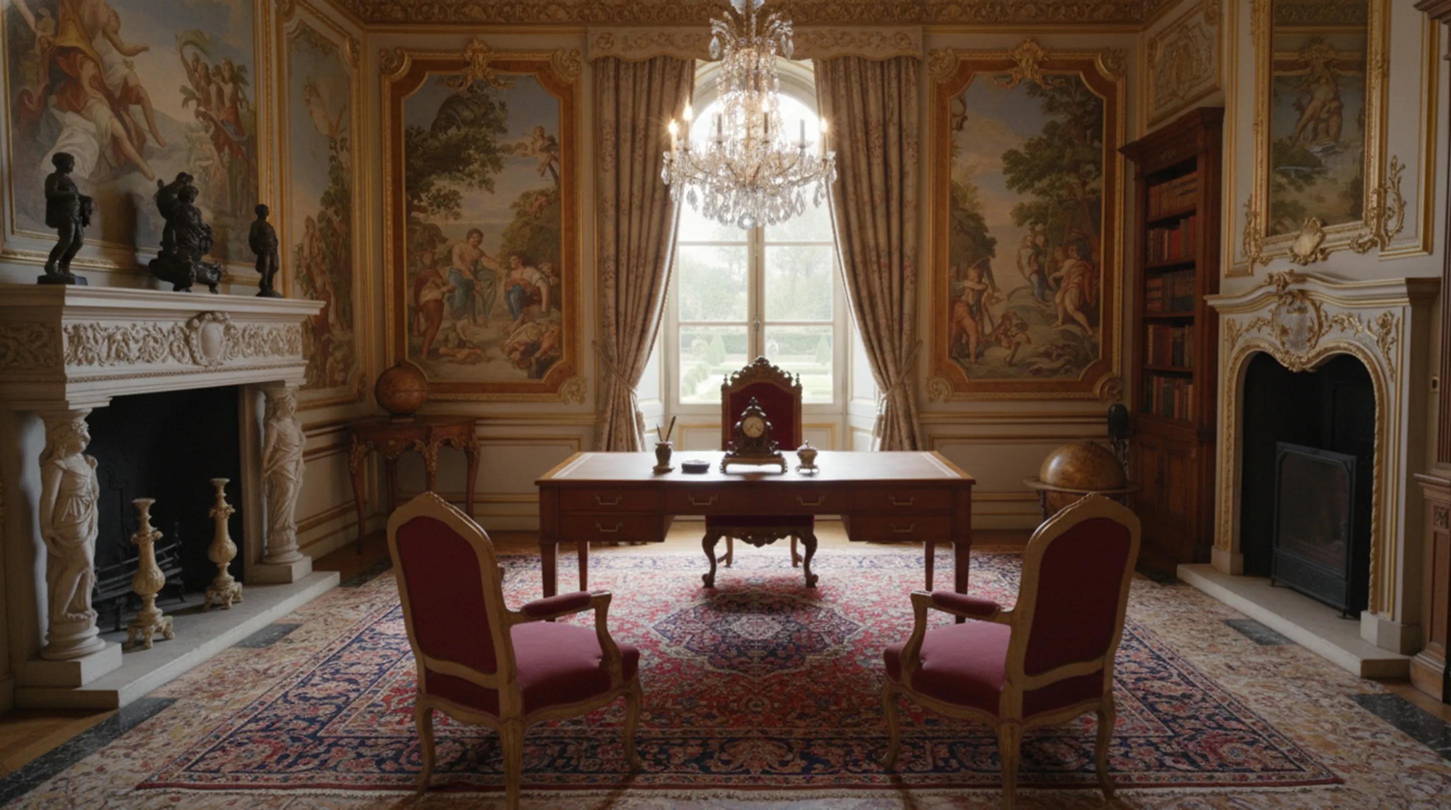 古いデスクで華やかに飾られた、赤い椅子2脚、絵画に囲まれた風景