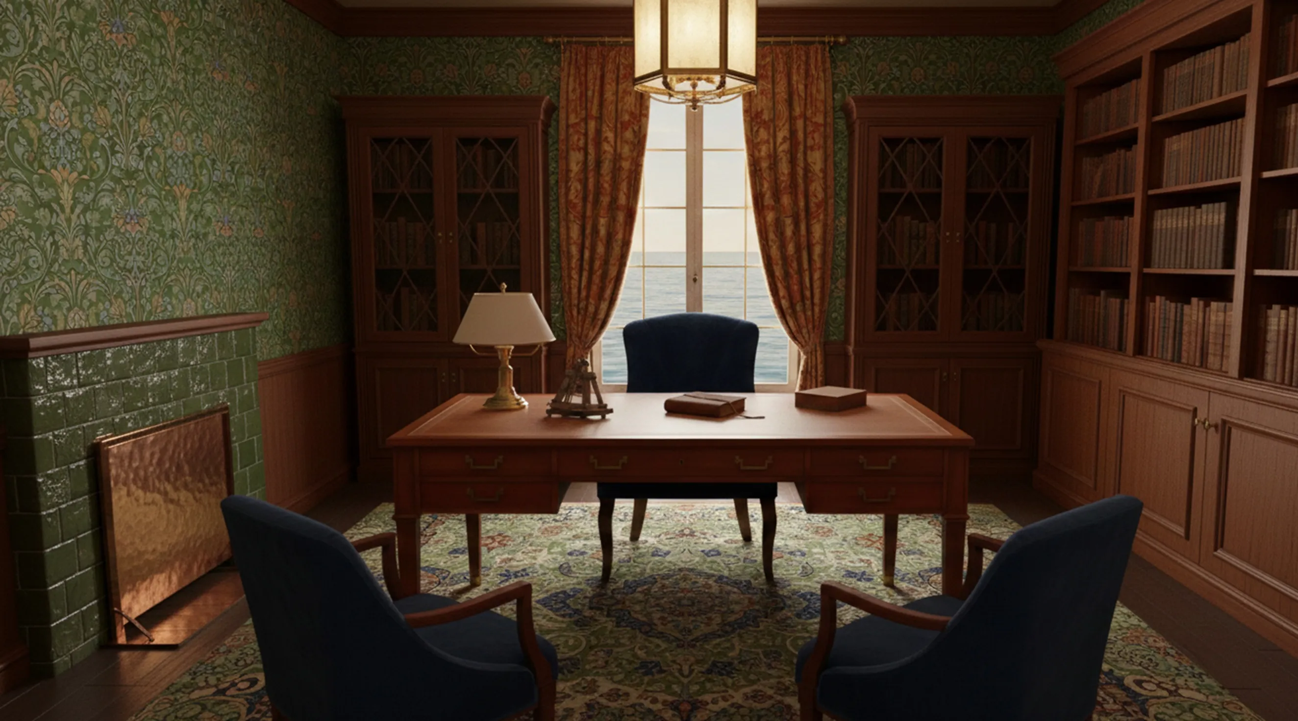 scrivania antica di jean michel frank in un elegante ufficio con lampada e libri