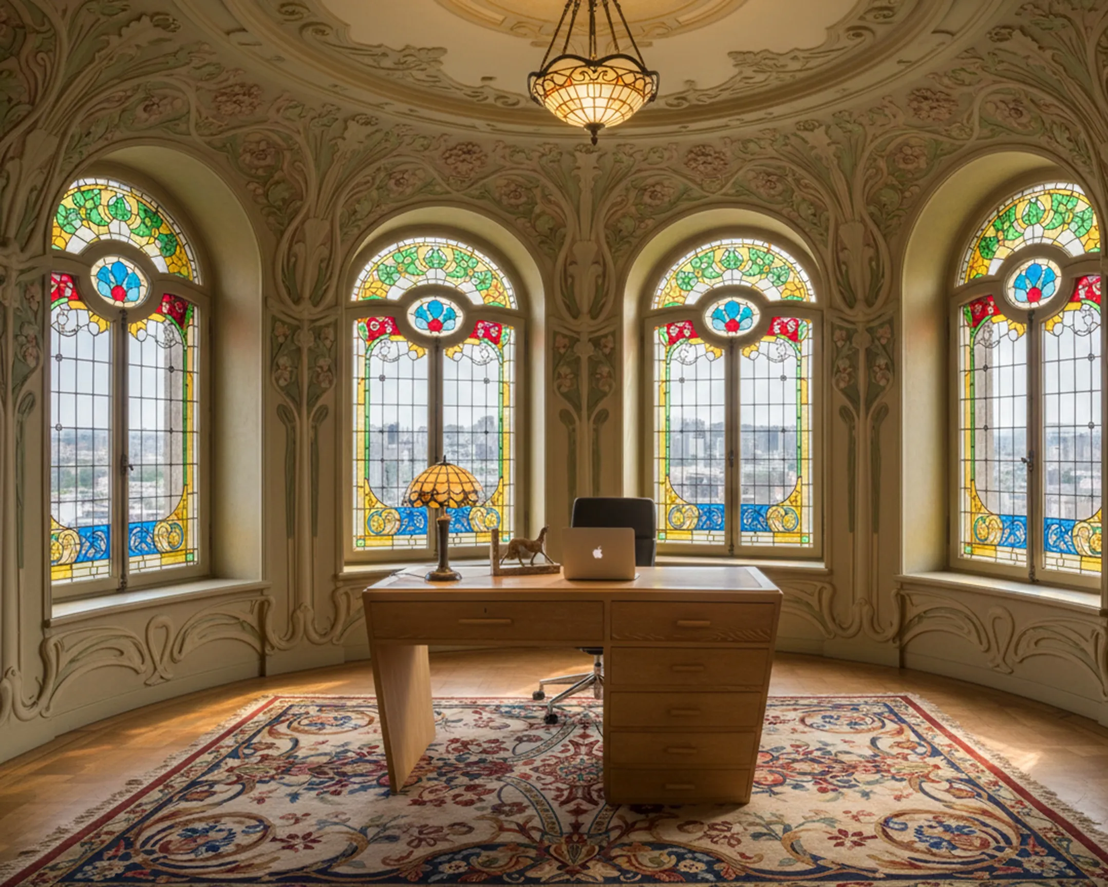 escritorio antiguo de madera clara con silla y lámpara junto a ventanas de vitral colorido