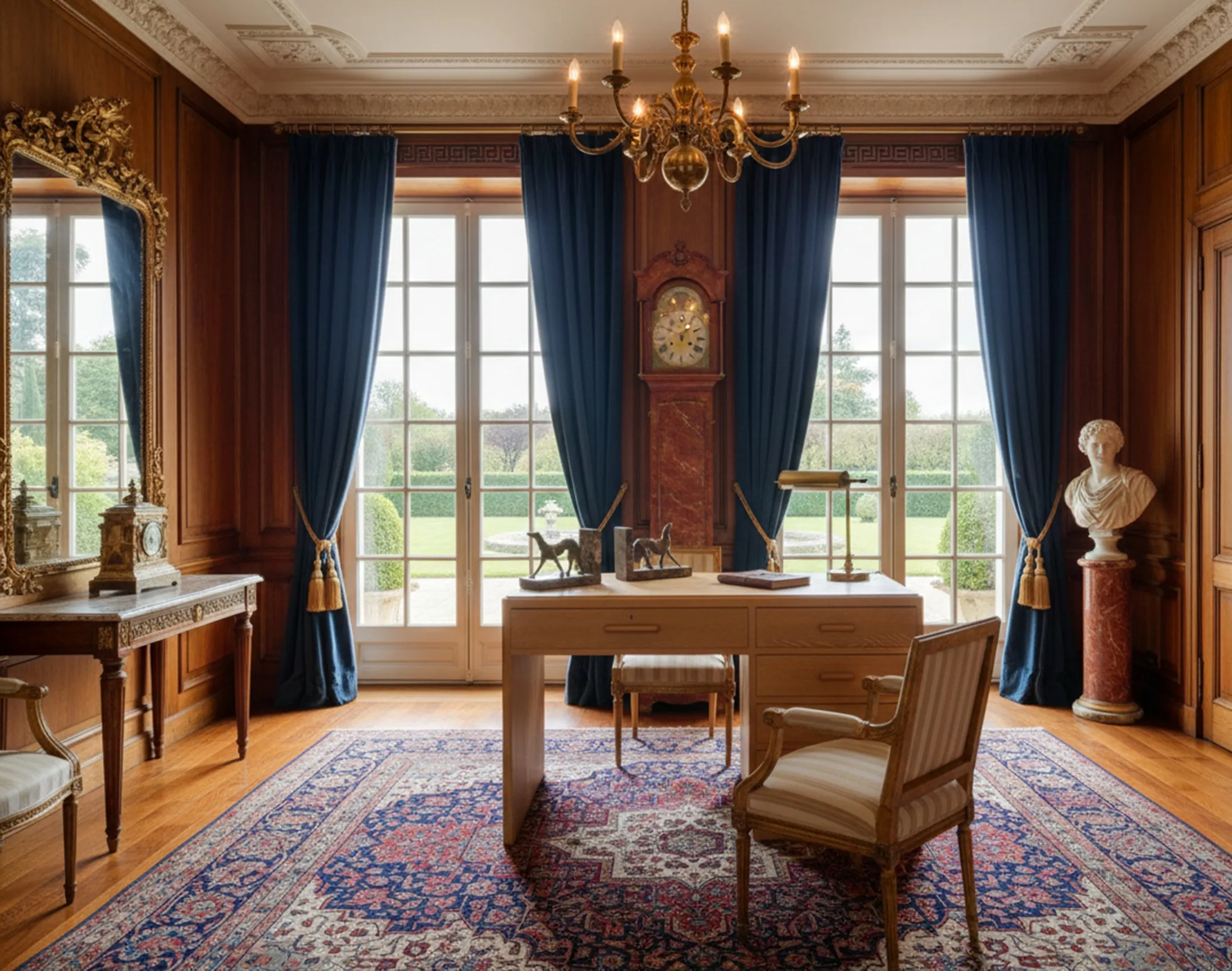 escritorio antiguo con lámpara y silla en una habitación elegante