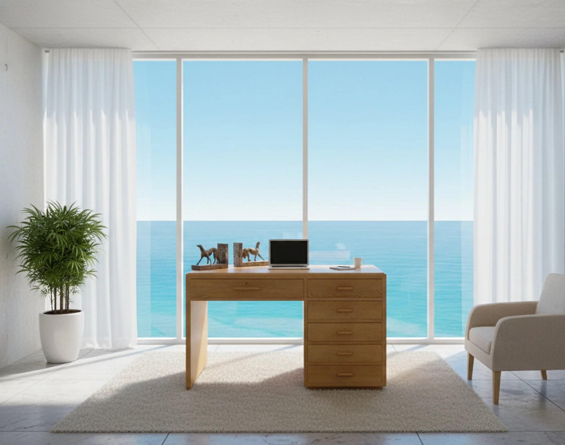 escritorio antigo com vista para o mar e plantas