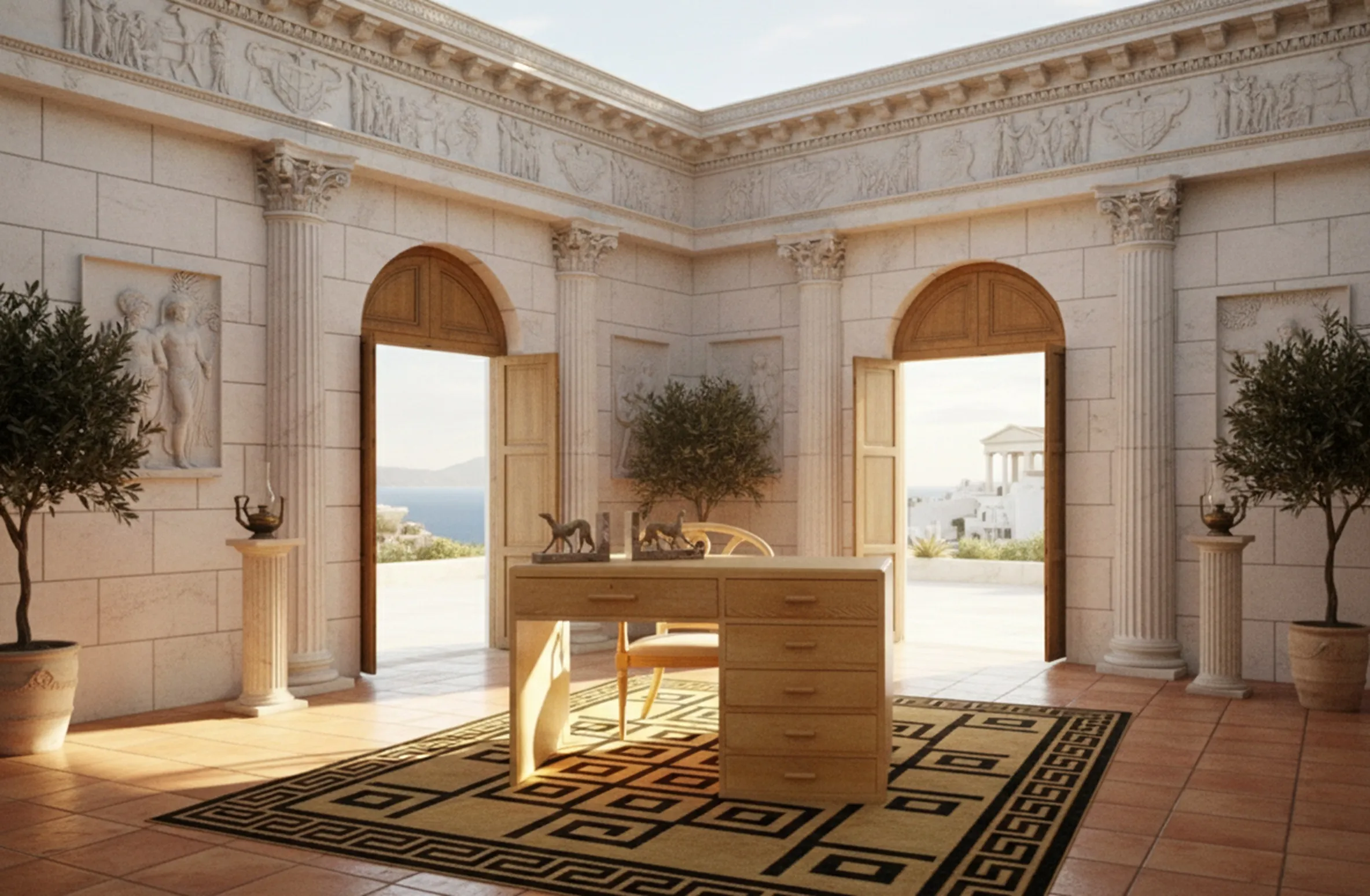 Scrivania antica classica con decorazioni e ambiente decorato