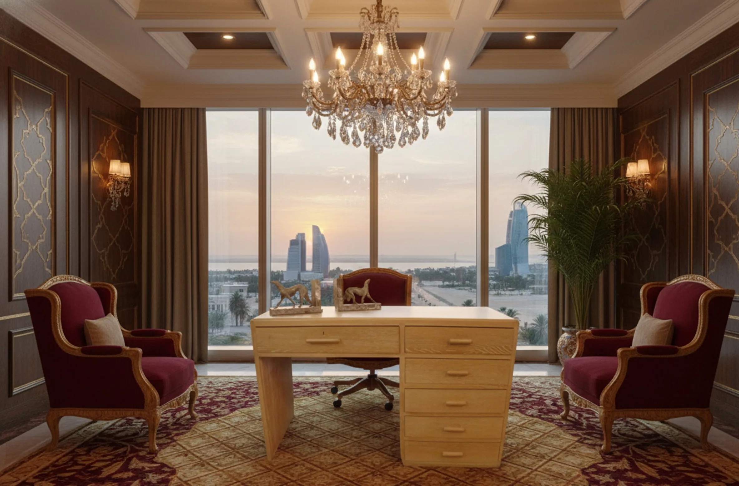 escritorio antiguo con vista a la ciudad y sillones elegantes