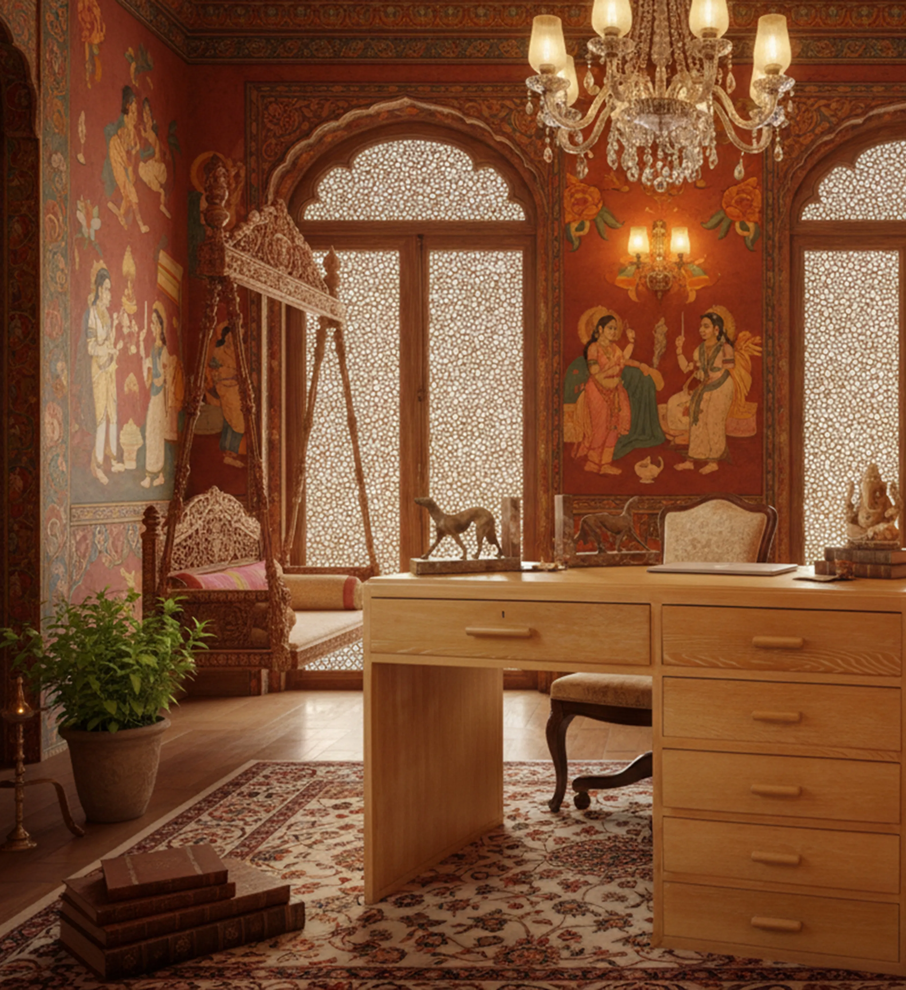 bureau ancien avec des détails ornés et un cadre chaleureux