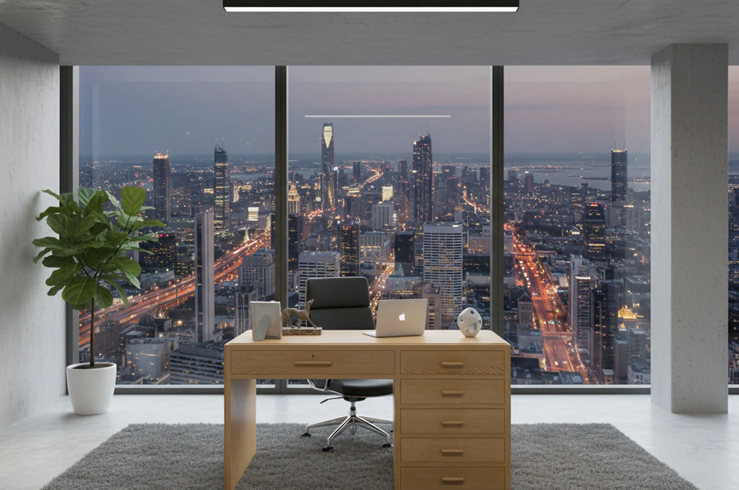 Scrivania antica in un moderno ufficio con vista sulla città. Decorazioni con piante e oggetti.