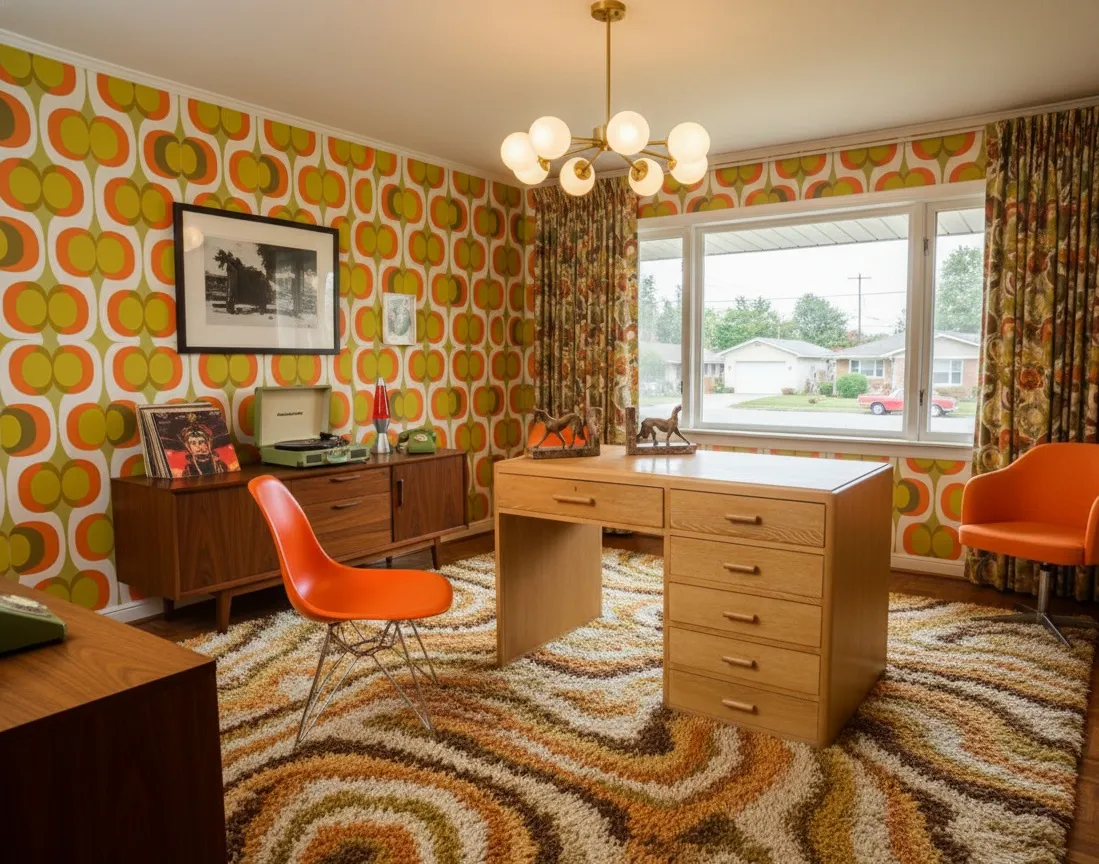 antique desk with six drawers in a colorful retro room