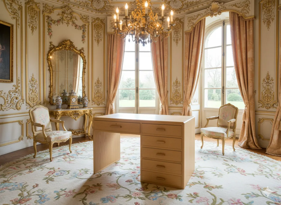 antique desk in an elegantly decorated room, featuring a golden chair and an ornate mirror