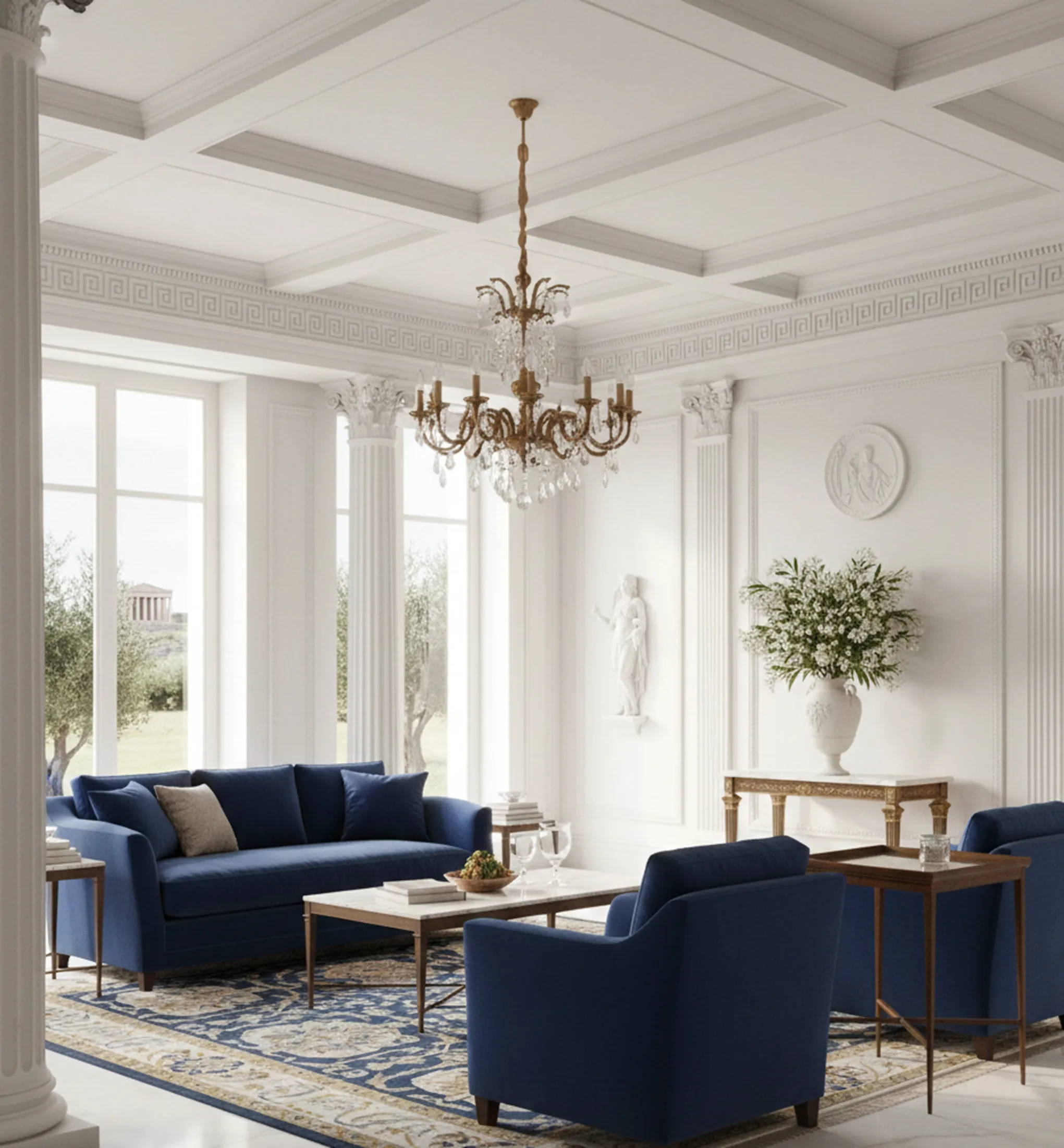 Mesa antigua Chanaux et Pelletier en sala elegante con sillones azules.