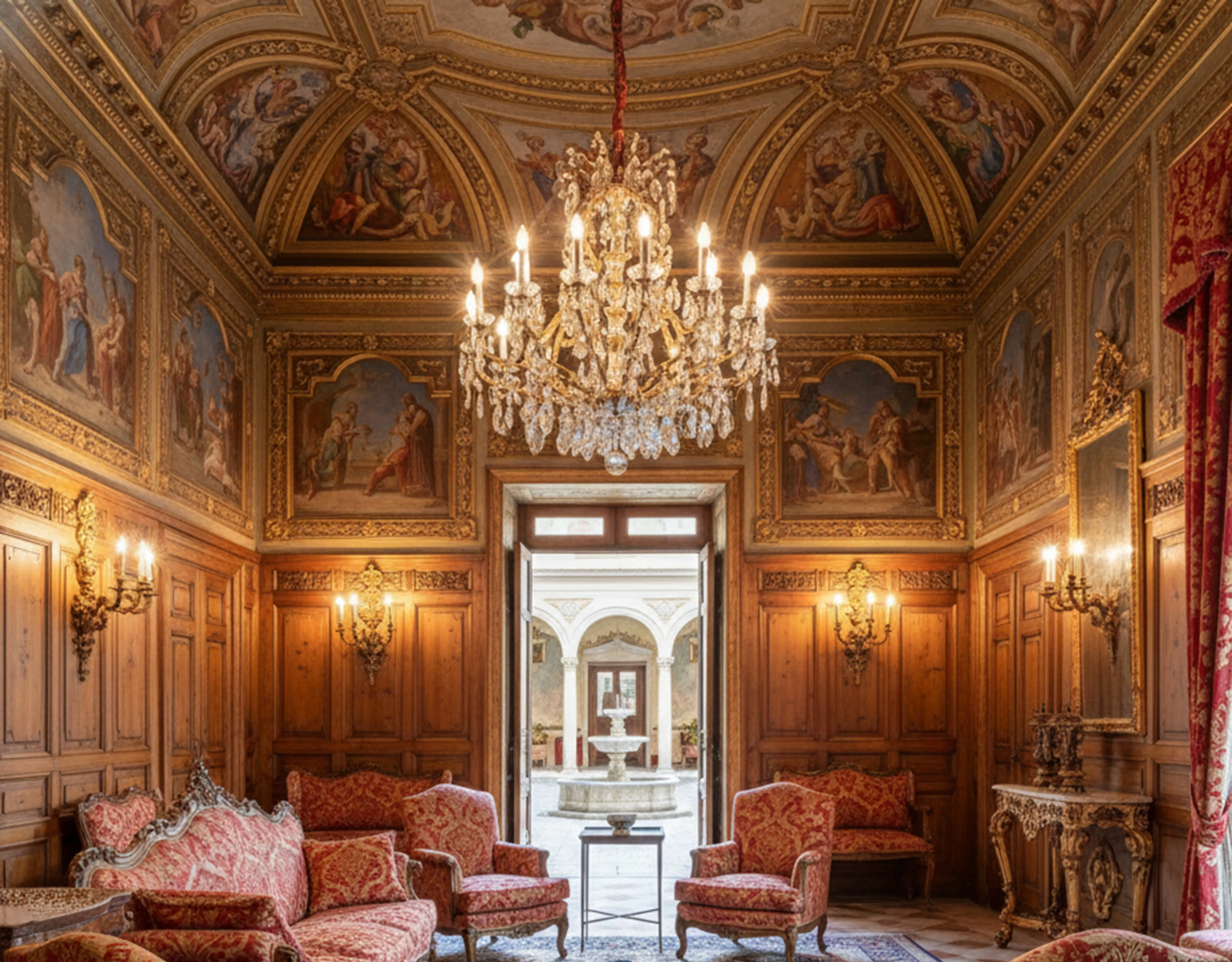 tavolo antico Chanaux et Pelletier in una sala elegante con lampadari