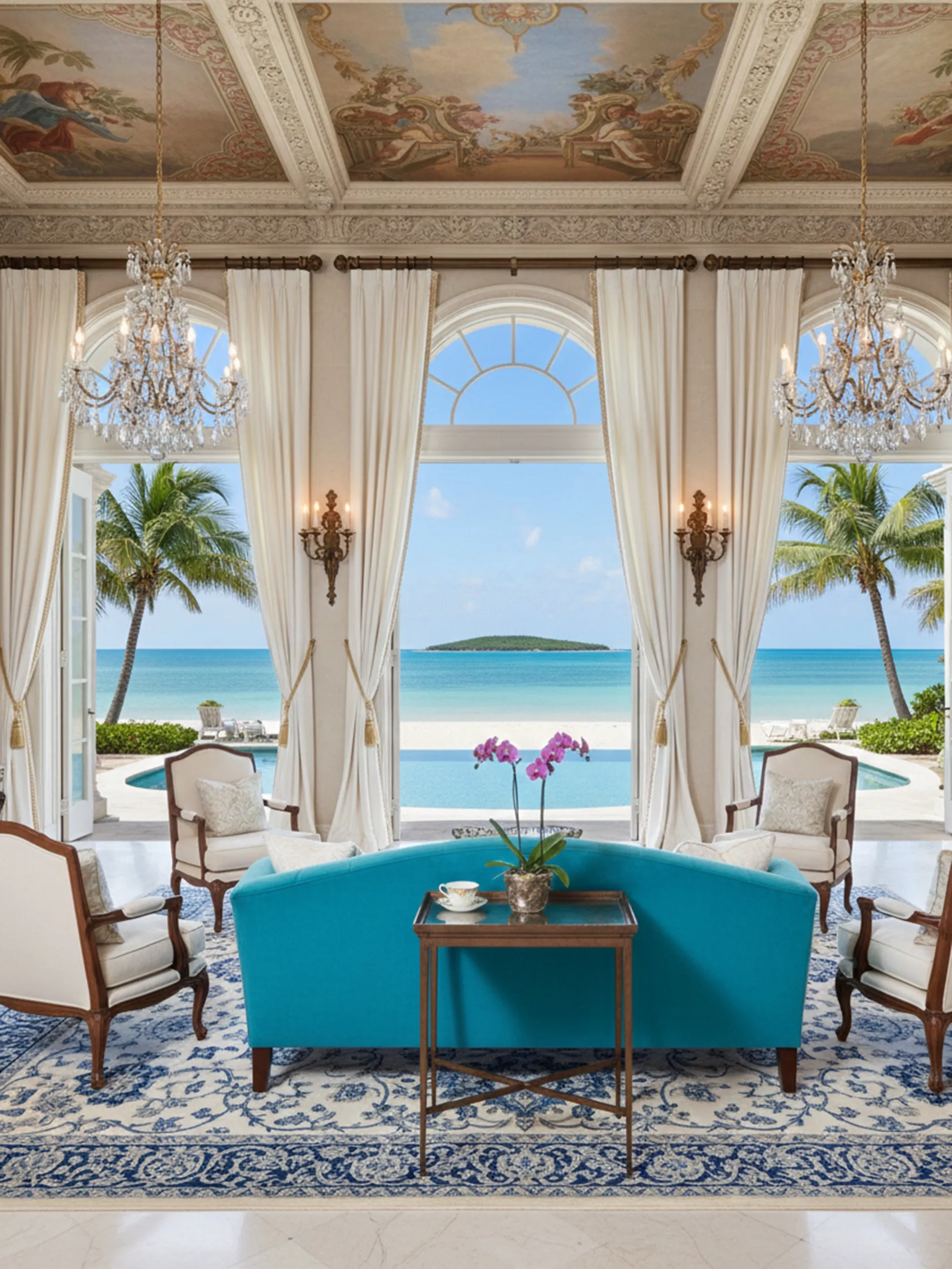 Antique living room table with sea view and orchids