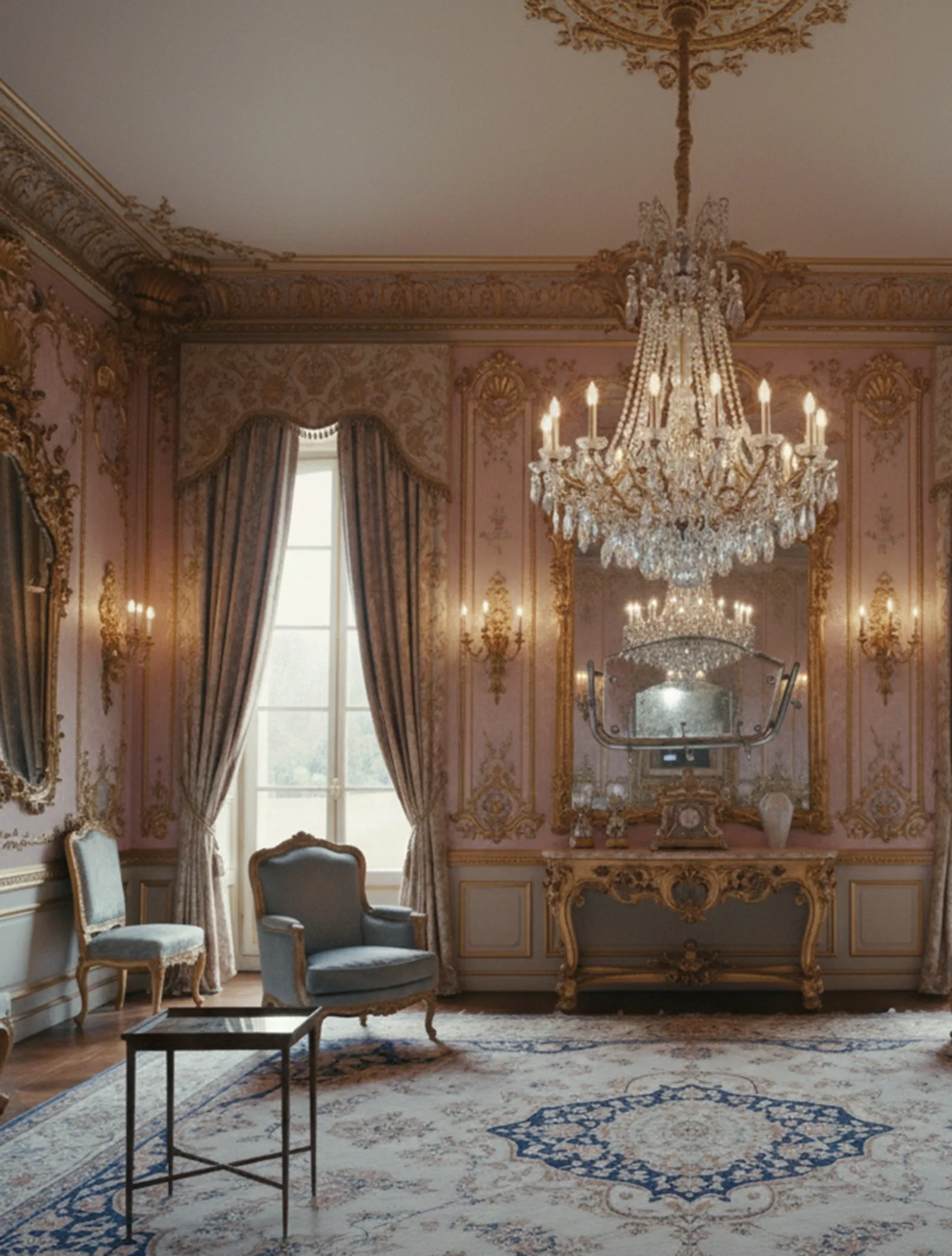 mesa antigua Chanaux et Pelletier en un elegante salón con candelabros