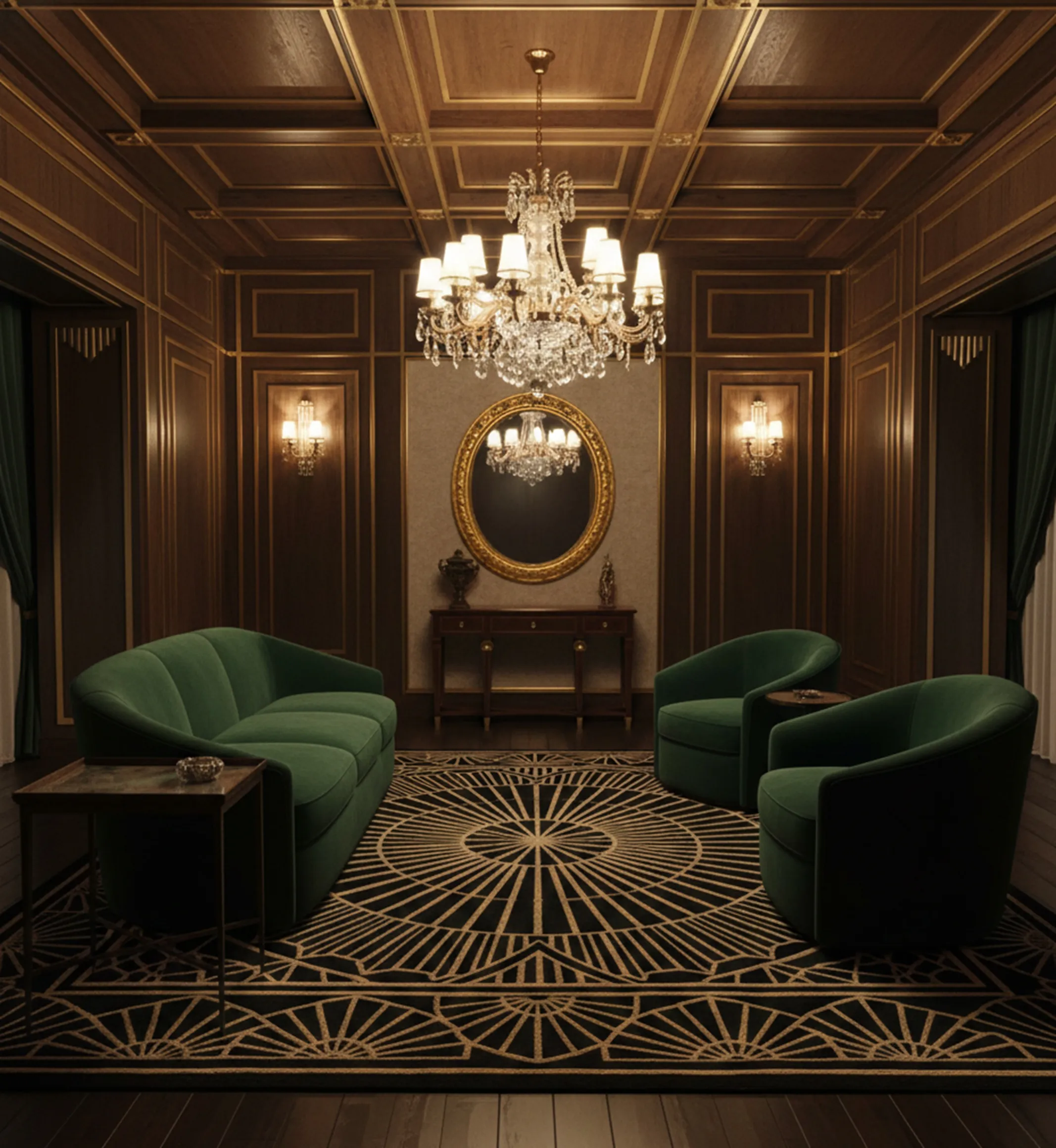 Mesa antigua de salón con sillones verdes y alfombra elegante