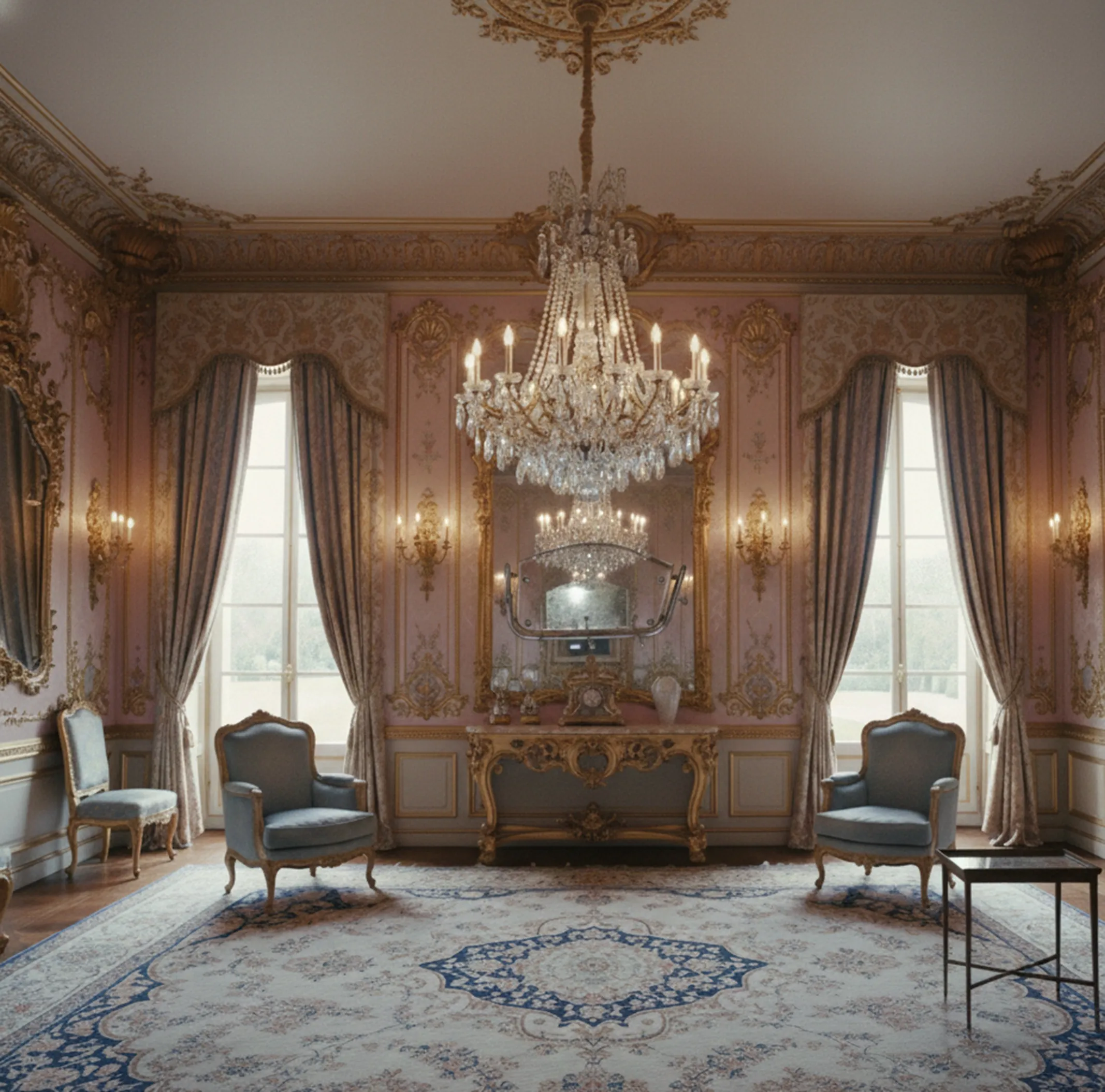 Antique table by Chanaux et Pelletier in an elegant salon with chandeliers.