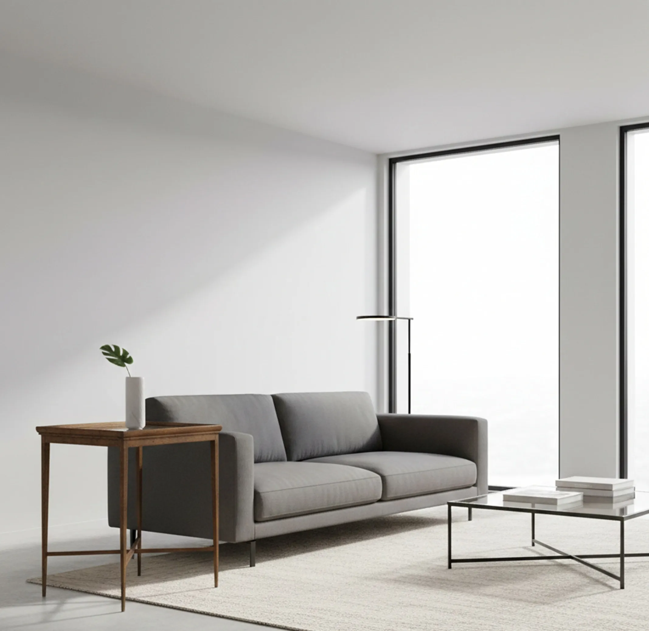 mesa antigua en una moderna sala de estar minimalista