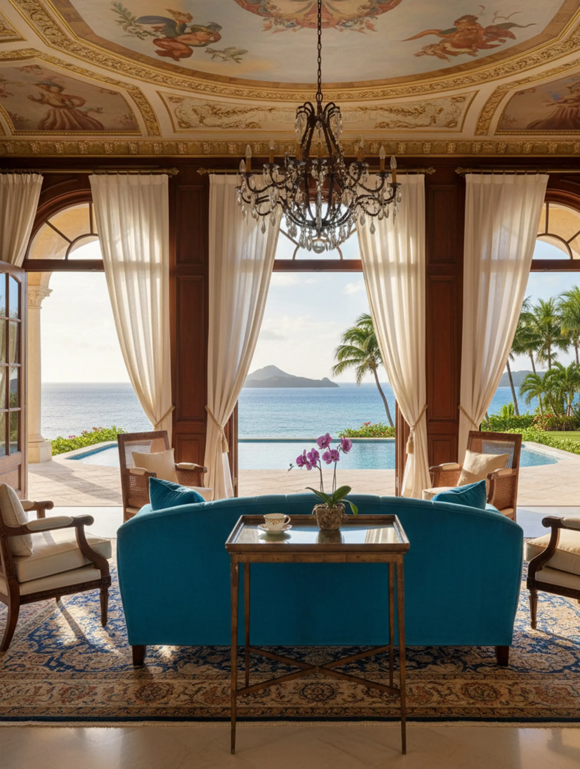 Antique table with a flower and ocean view.