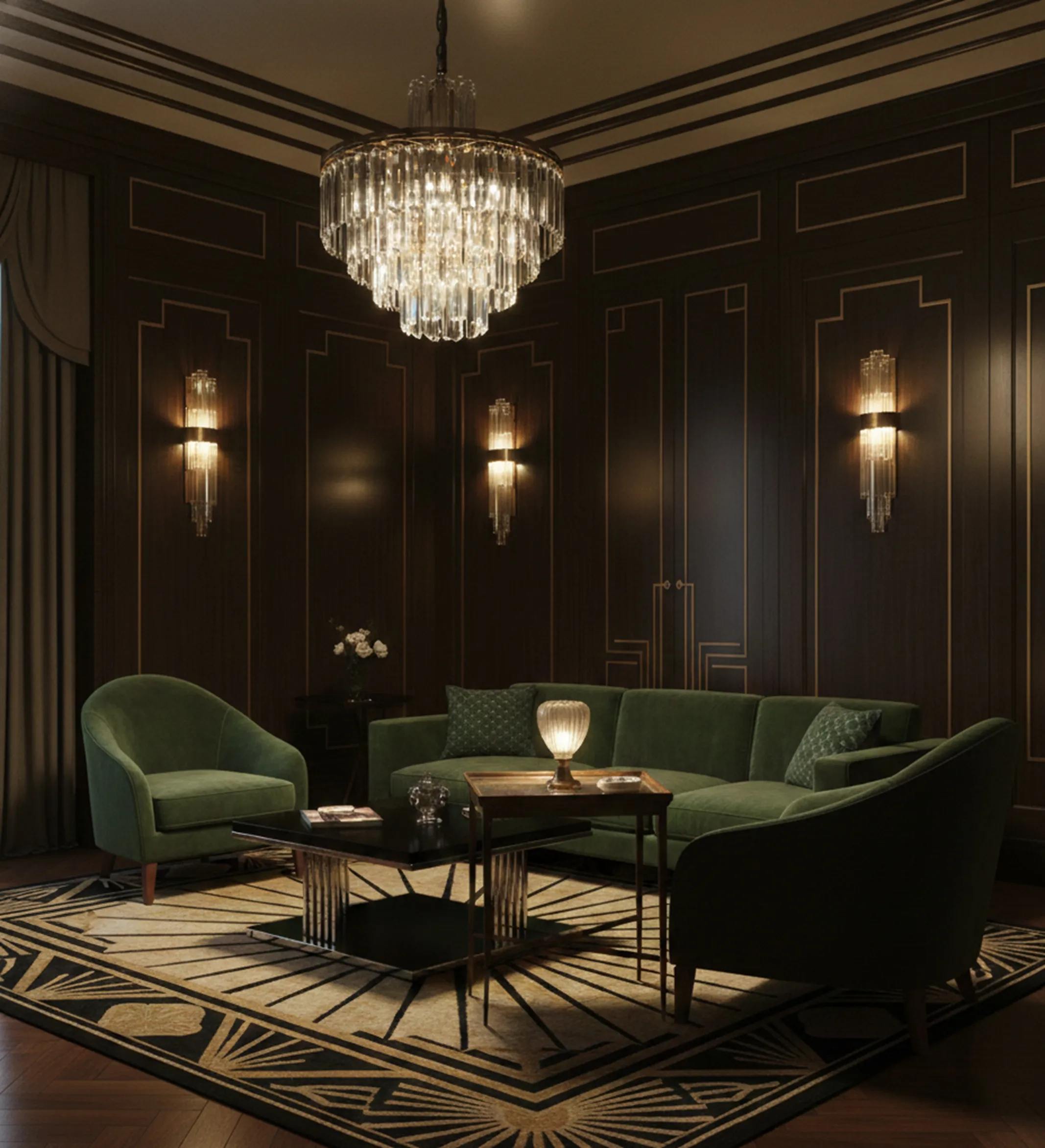 Mesa antigua Chanaux et Pelletier en un ambiente elegante con sillones verdes.