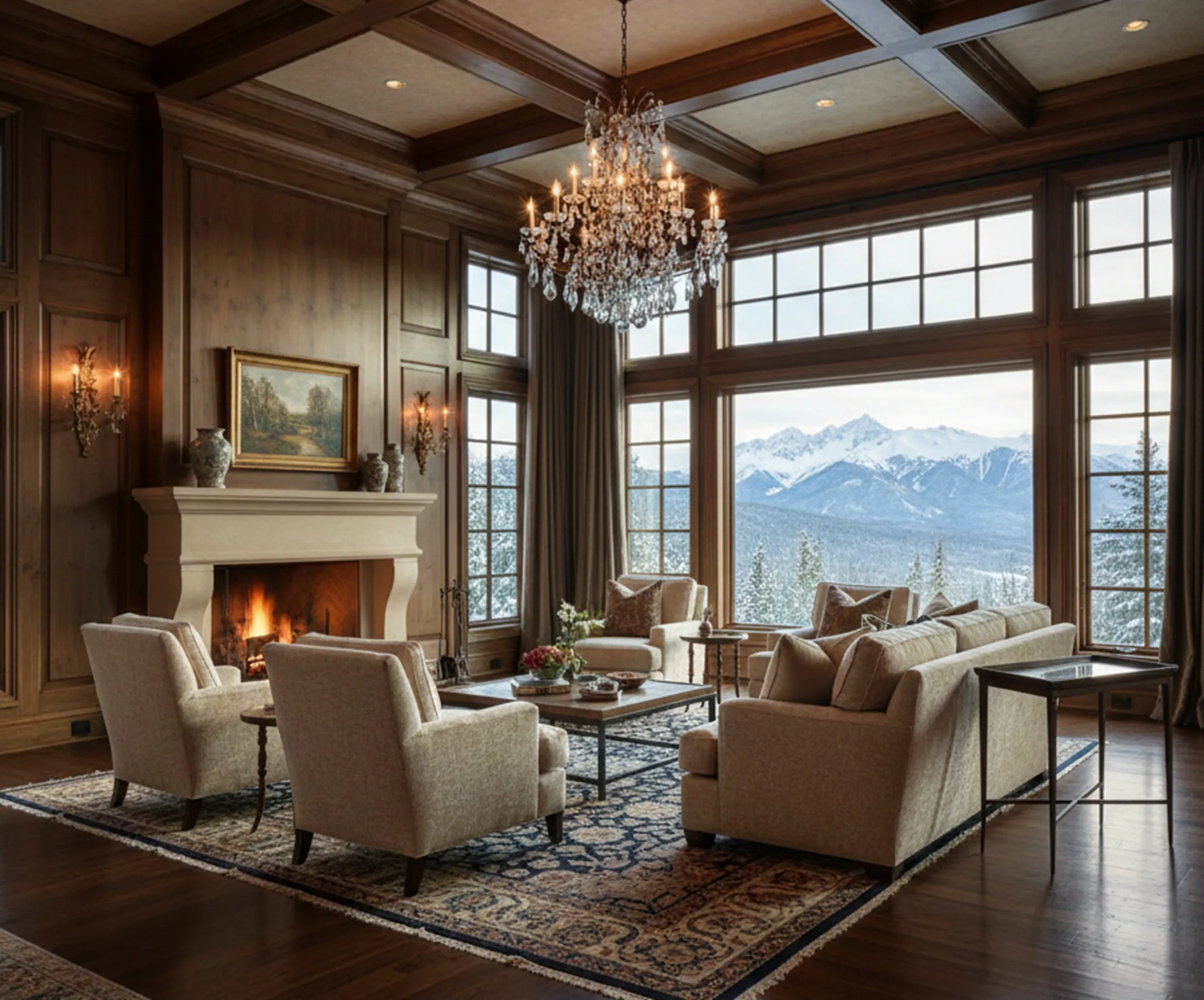 Antique table Chanaux et Pelletier in a cozy setting with a fireplace