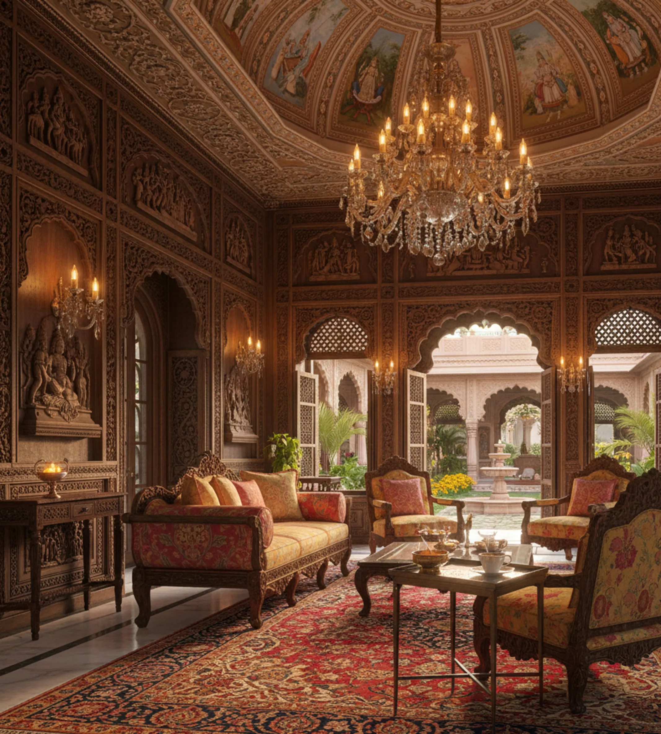 tavolo antico in un salone elegantemente decorato, con divani e lampadario in cristallo