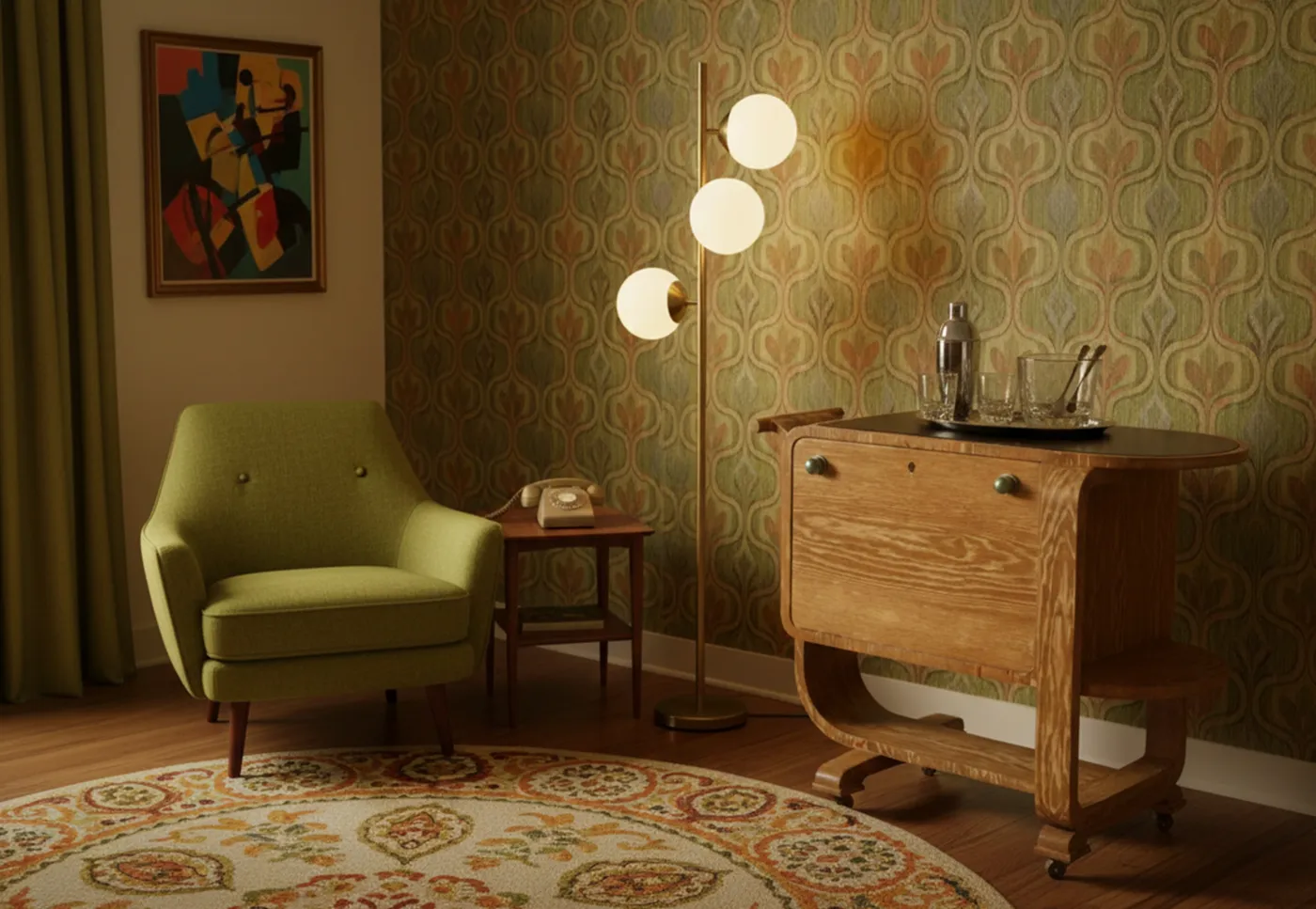 antike Cocktailwagen im Art Deco-Design in einem gemütlichen Ambiente