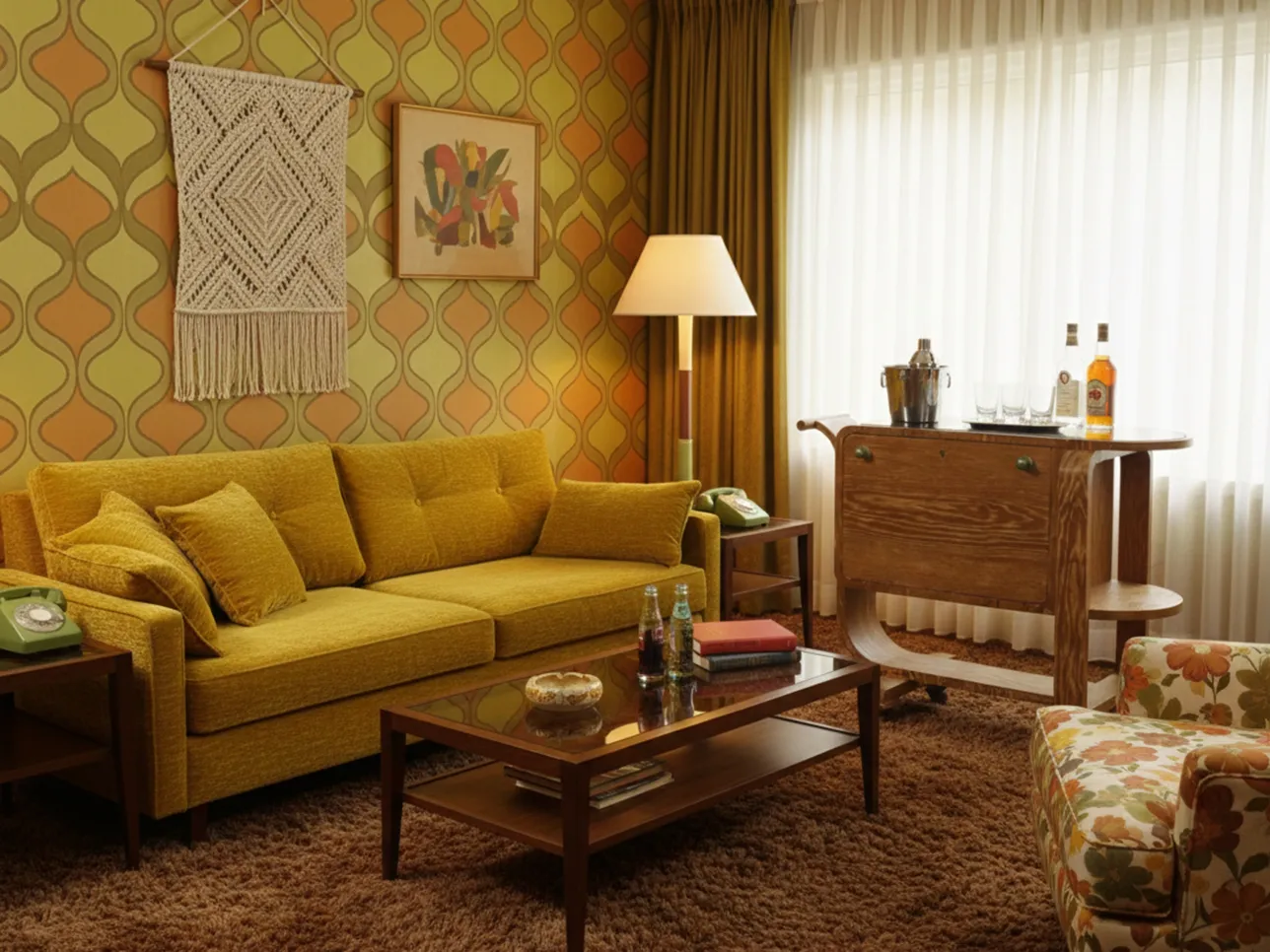 antiker art deco cocktailwagen in retro-wohnzimmer mit gelbem sofa