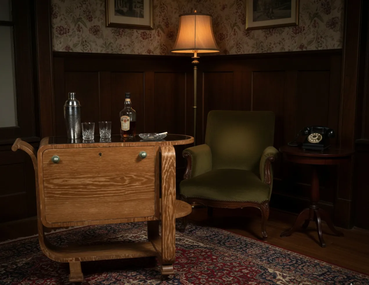 mesa-carrinho antiga em estilo art deco com bebidas