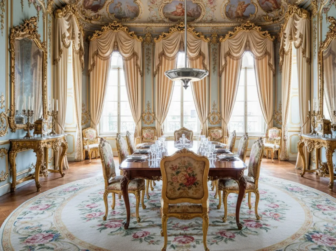 Dos lámparas de techo antiguas colgantes en un elegante comedor