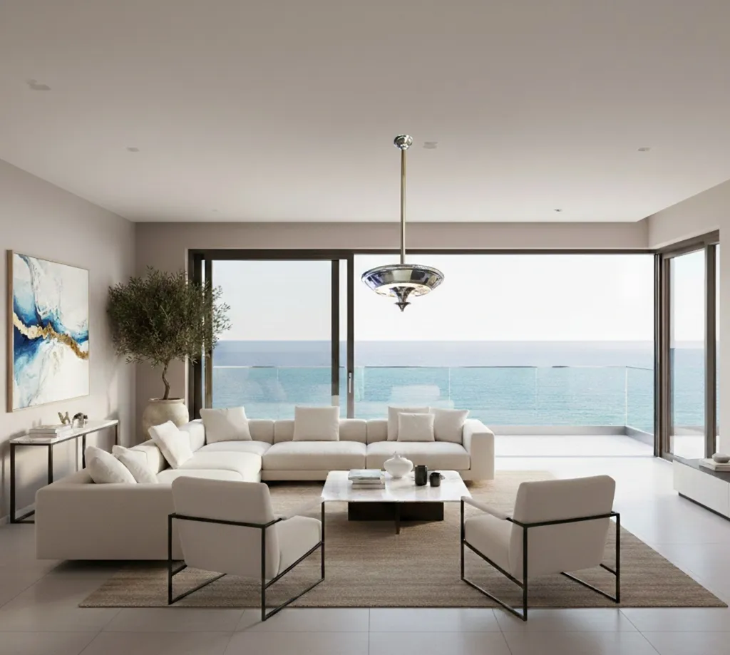 2 lustres anciens dans un salon avec vue sur la mer