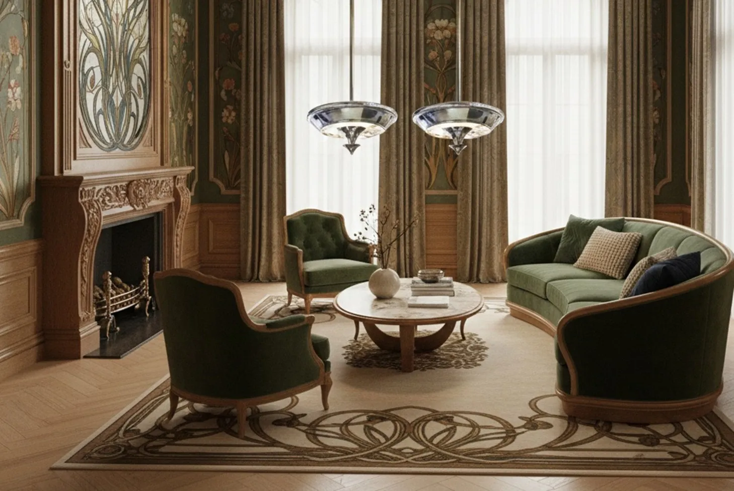 deux lustres anciens art deco dans un salon élégant