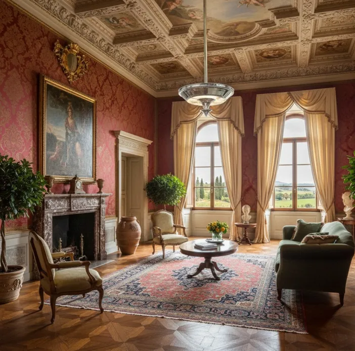 deux lustres anciens suspendus dans une pièce élégante avec décoration classique