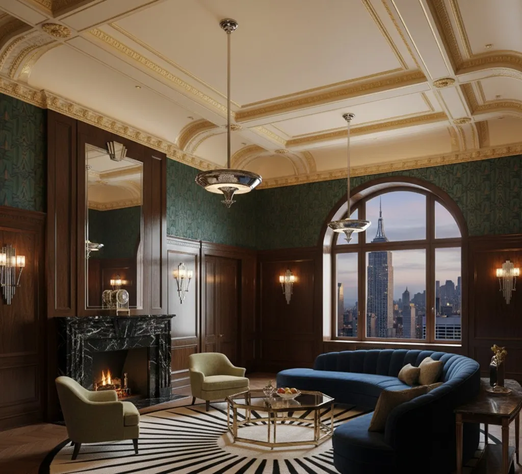 2 مصابيح معلقة عتيقة في غرفة أنيقة بها مدفأة