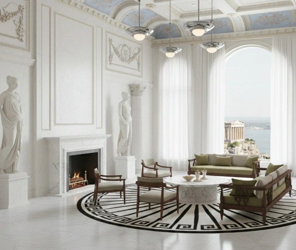 Quattro lampade a sospensione antiche in una sala elegante con tende e decorazioni classiche.