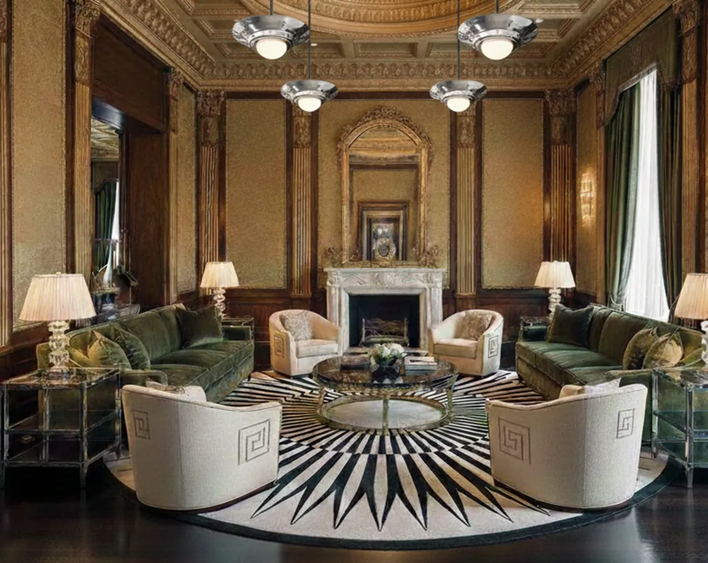 Vier antike Hängelampen im Art-Déco-Stil in einem eleganten Wohnzimmer. Dekorativer Tisch und Stühle.