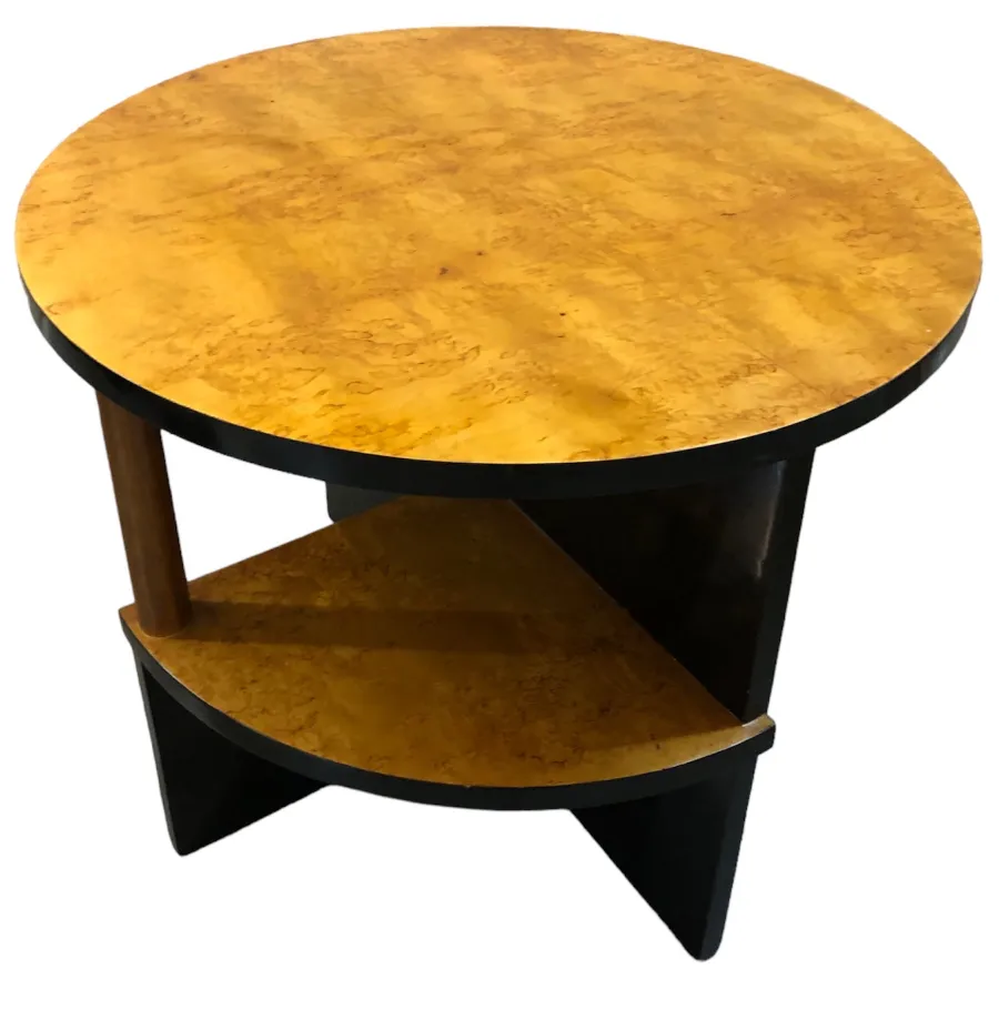 2 petites tables rondes anciennes, dessus jaune et structure noire