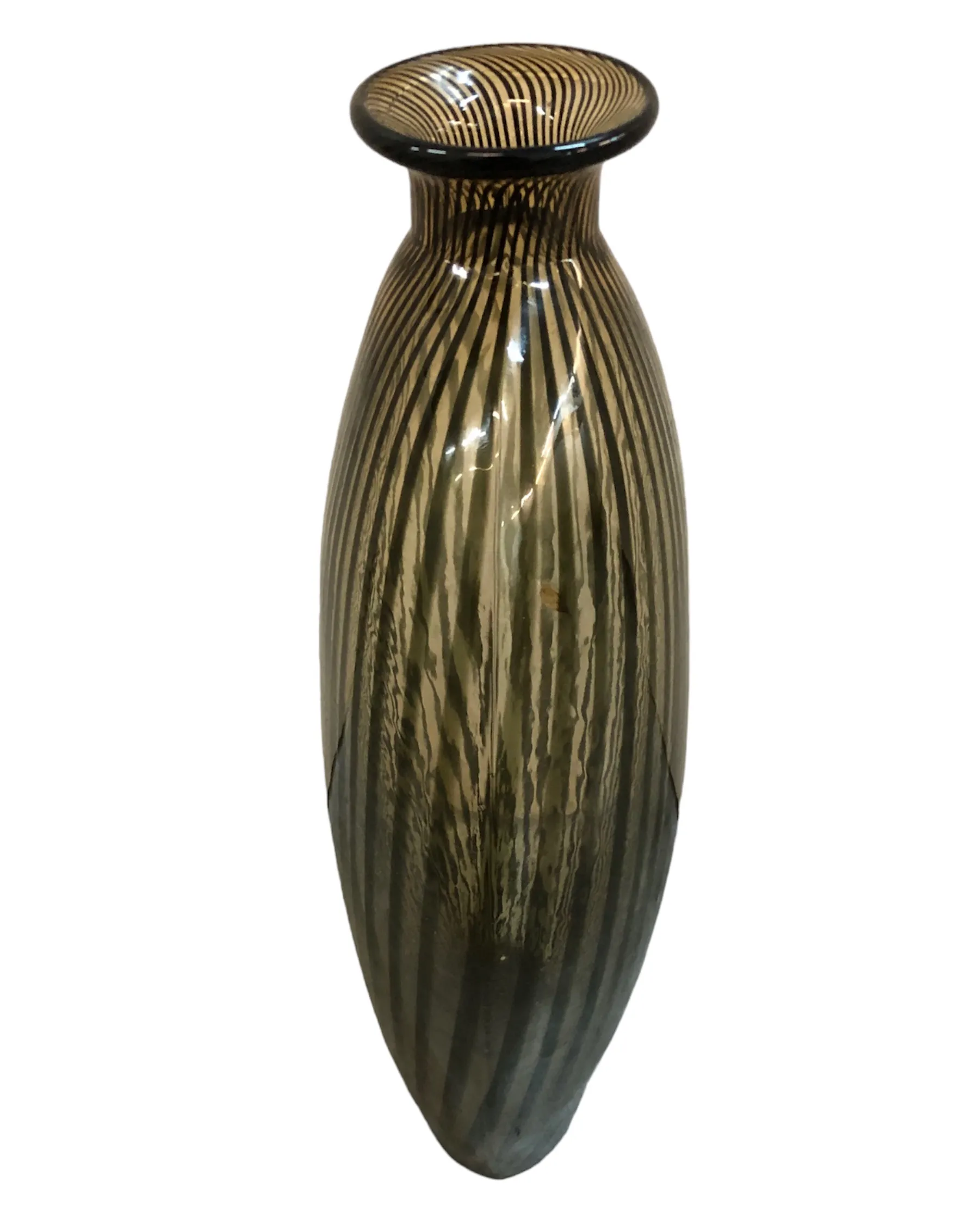 Antike Murano-Glasvase mit blauem und schwarzem Design, verziert mit Streifen, ideal zur Dekoration. Elegante Atmosphäre.