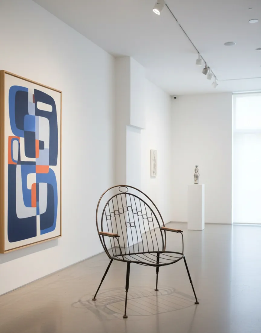 fauteuil de jardin ancien dans une galerie avec de l'art moderne