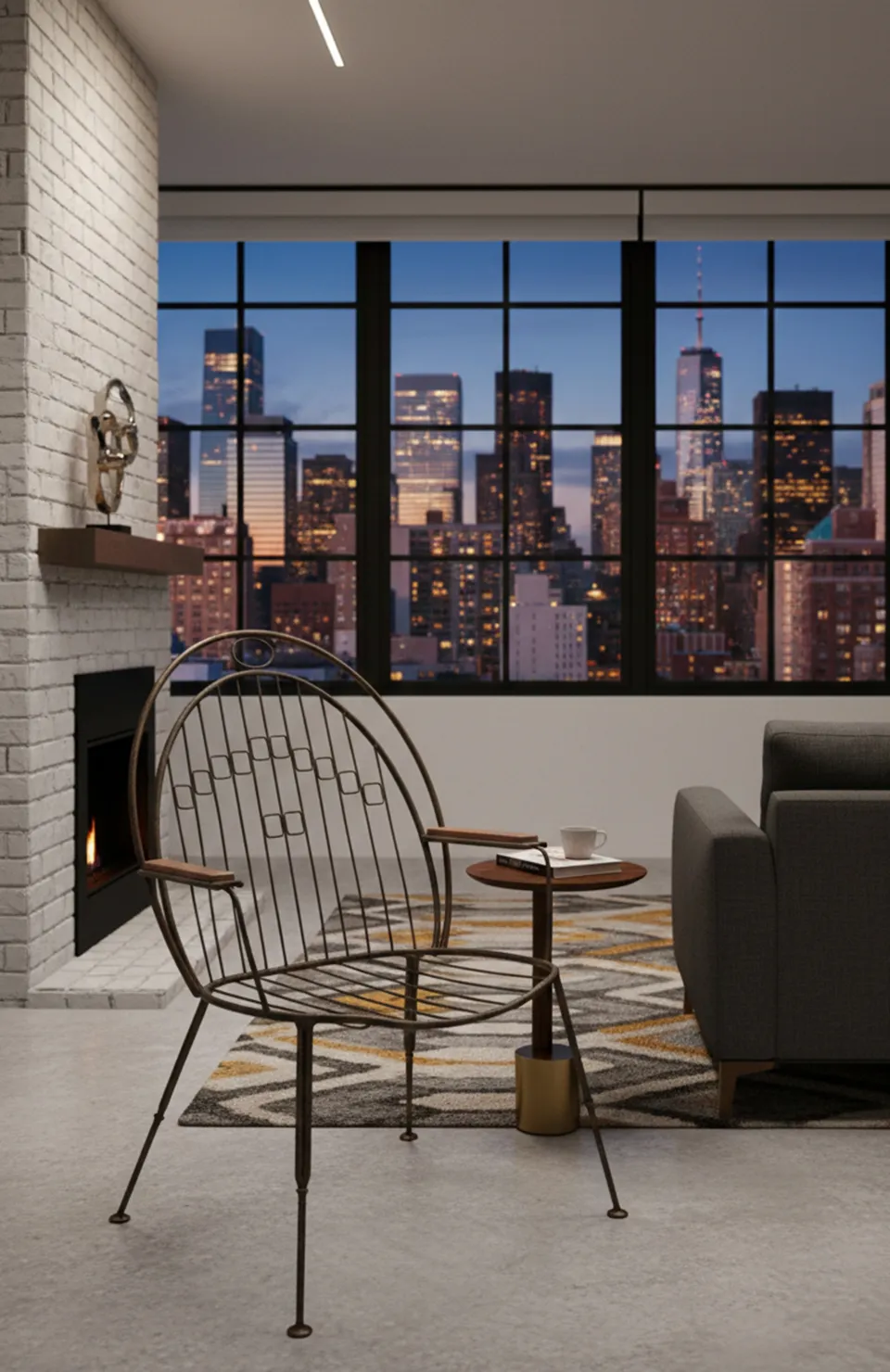 Antique garden armchair in a modern setting with city views.