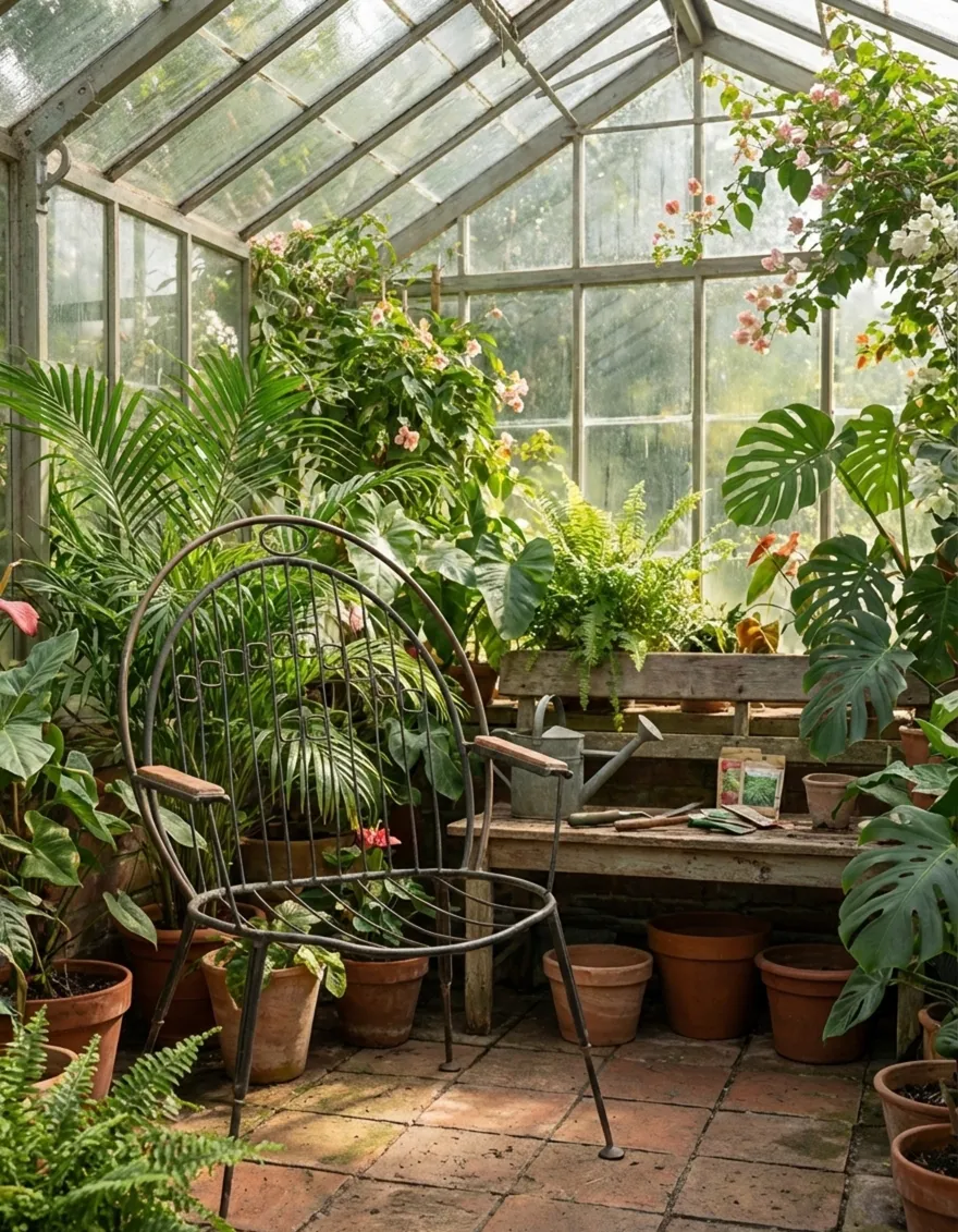 Poltrona de jardim antiga em uma configuração verde e aconchegante com plantas frescas ao redor