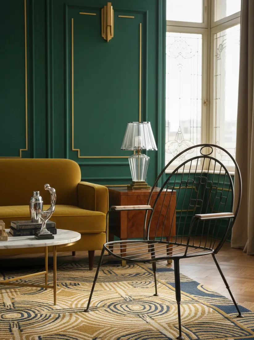 Poltrona da giardino antica del 1950 con braccioli in un ambiente elegante.