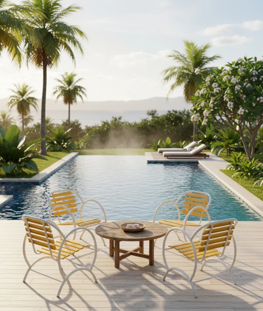 4 poltronas de jardim antigas perto de uma piscina