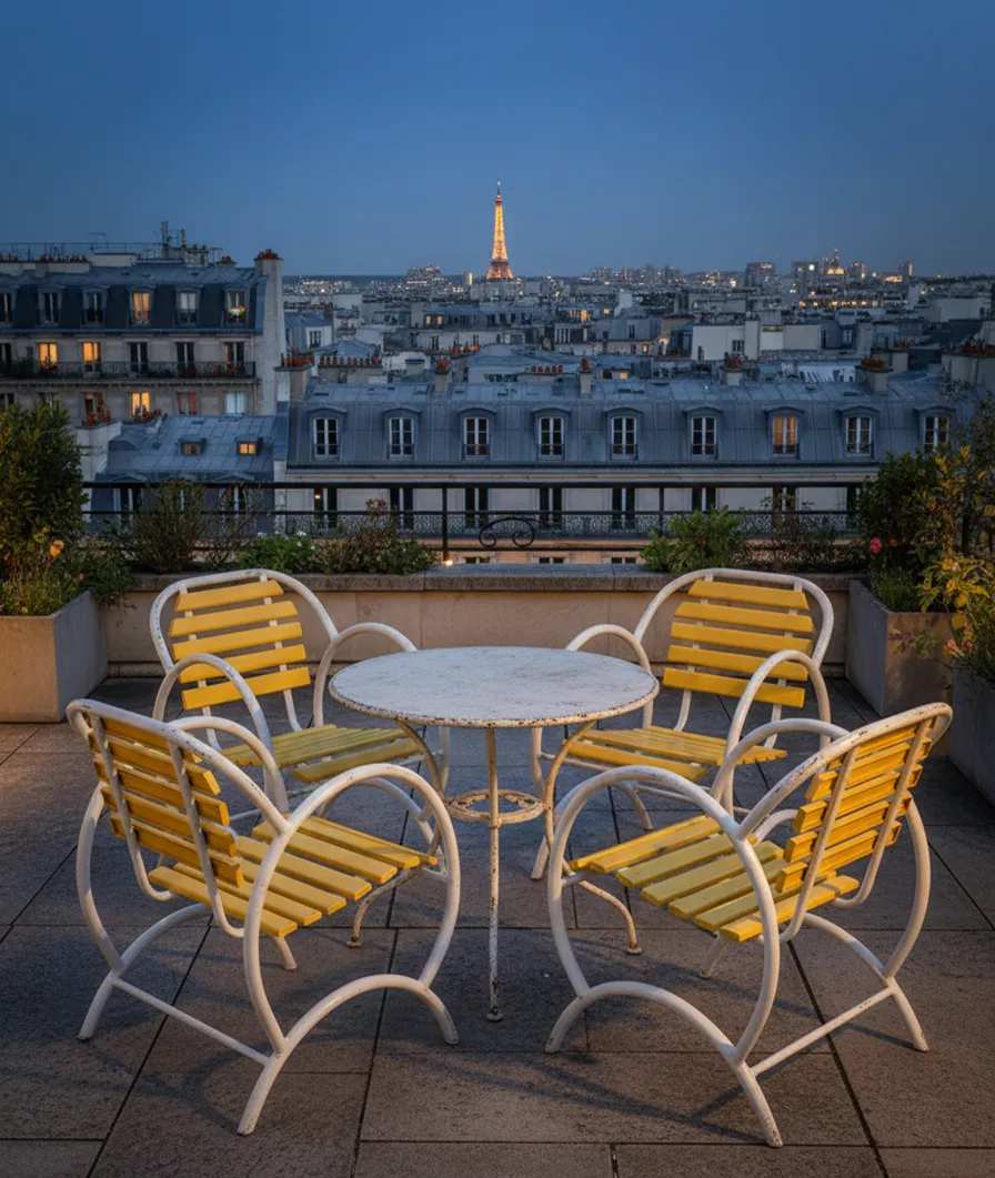 Vier antike Garten-Sessel im Art Deco-Stil auf einer Terrasse mit Aussicht.
