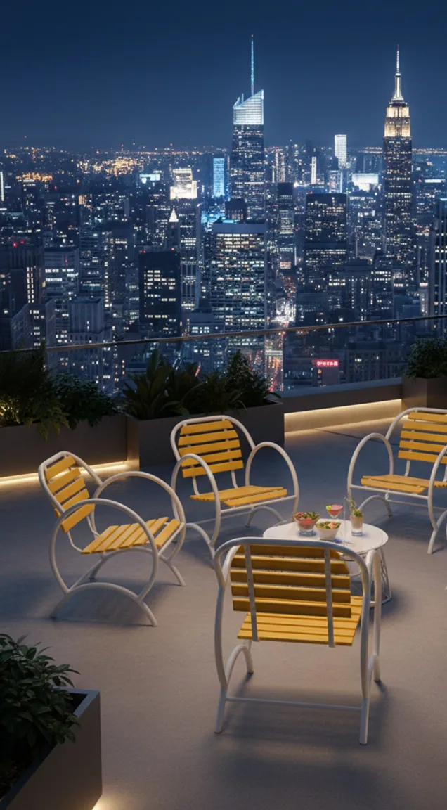 Cuatro sillones de jardín clásicos amarillos en una terraza con vista a la ciudad